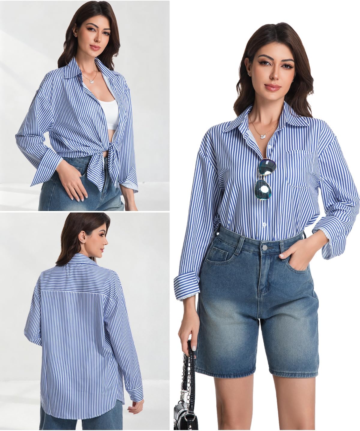 Striped Long Sleeve Button Down Shirts for Women Business Casual Collared Tops with Pockets - Image 5