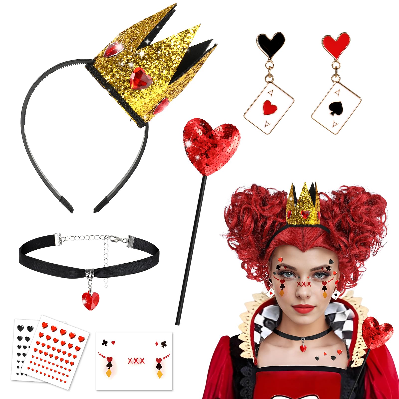 Beipegin 7PCS Queen of Hearts Accessories Set, Crown Headband Earings Necklace Wand Face Stickers, Queen of Hearts Costume Accessories Women Girls for Halloween Carnival World Book Day Cosplay Party