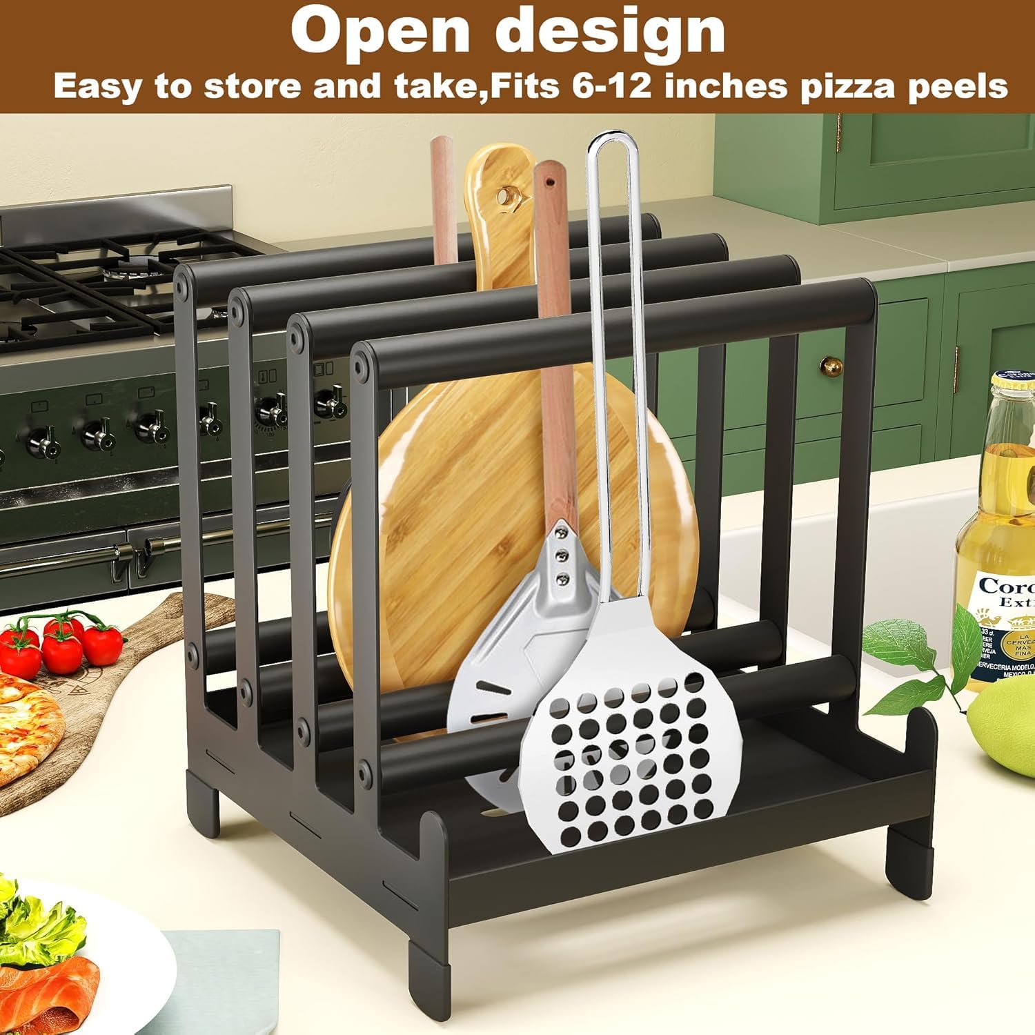 Support pour pelle à pizza en acier 24 x 24 x 36 cm, 4 emplacements disponibles, support pour pelles à pizza robuste avec pieds antidérapants pour spatule à pizza, tourne-pizza, rangement pour