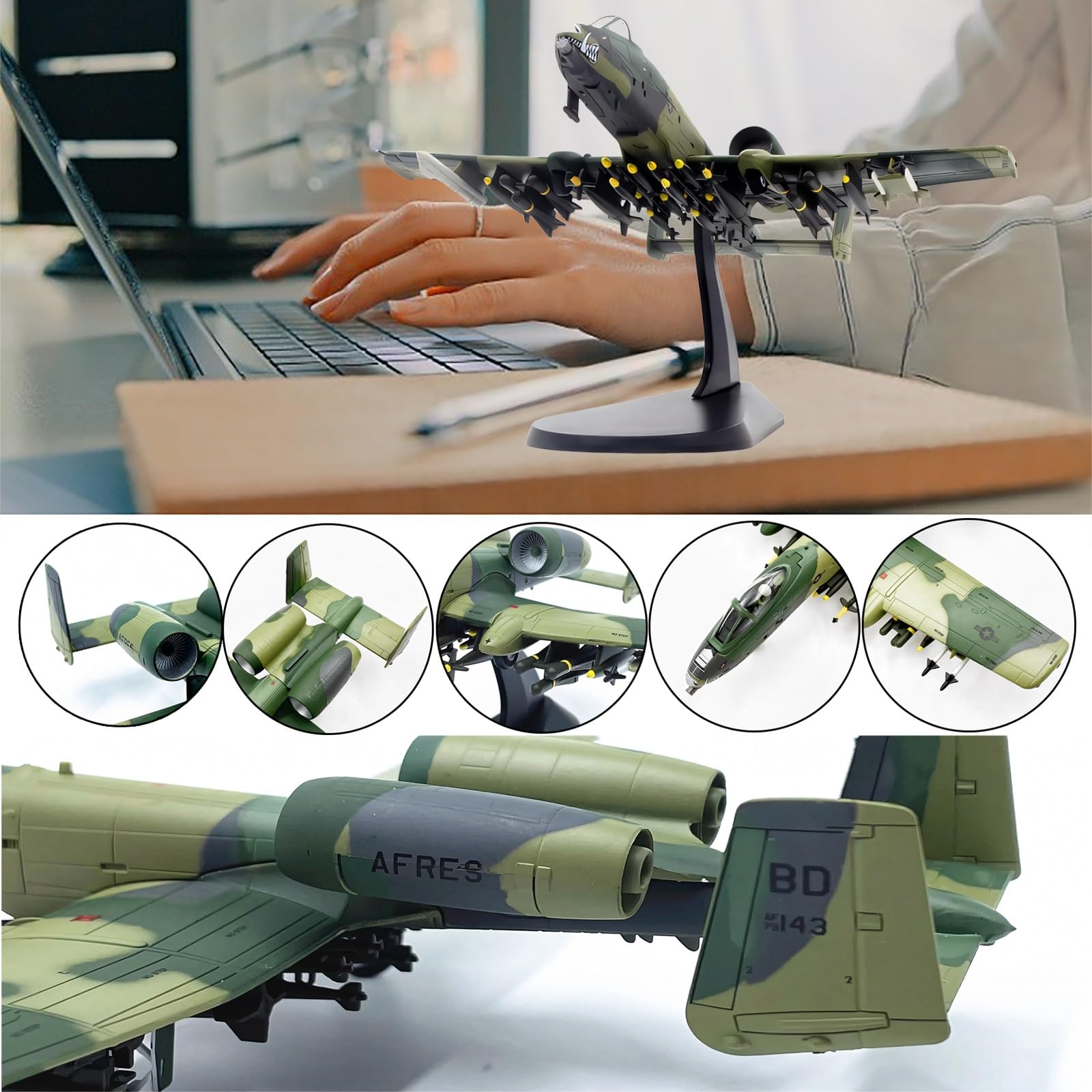Model myśliwca USAF A-10A Thunderbolt II z odlewu metalowego, wstępnie zmontowany, w kamuflażu, z podstawką, możliwością przełączania trybu lądowania szczegółowymi detalami