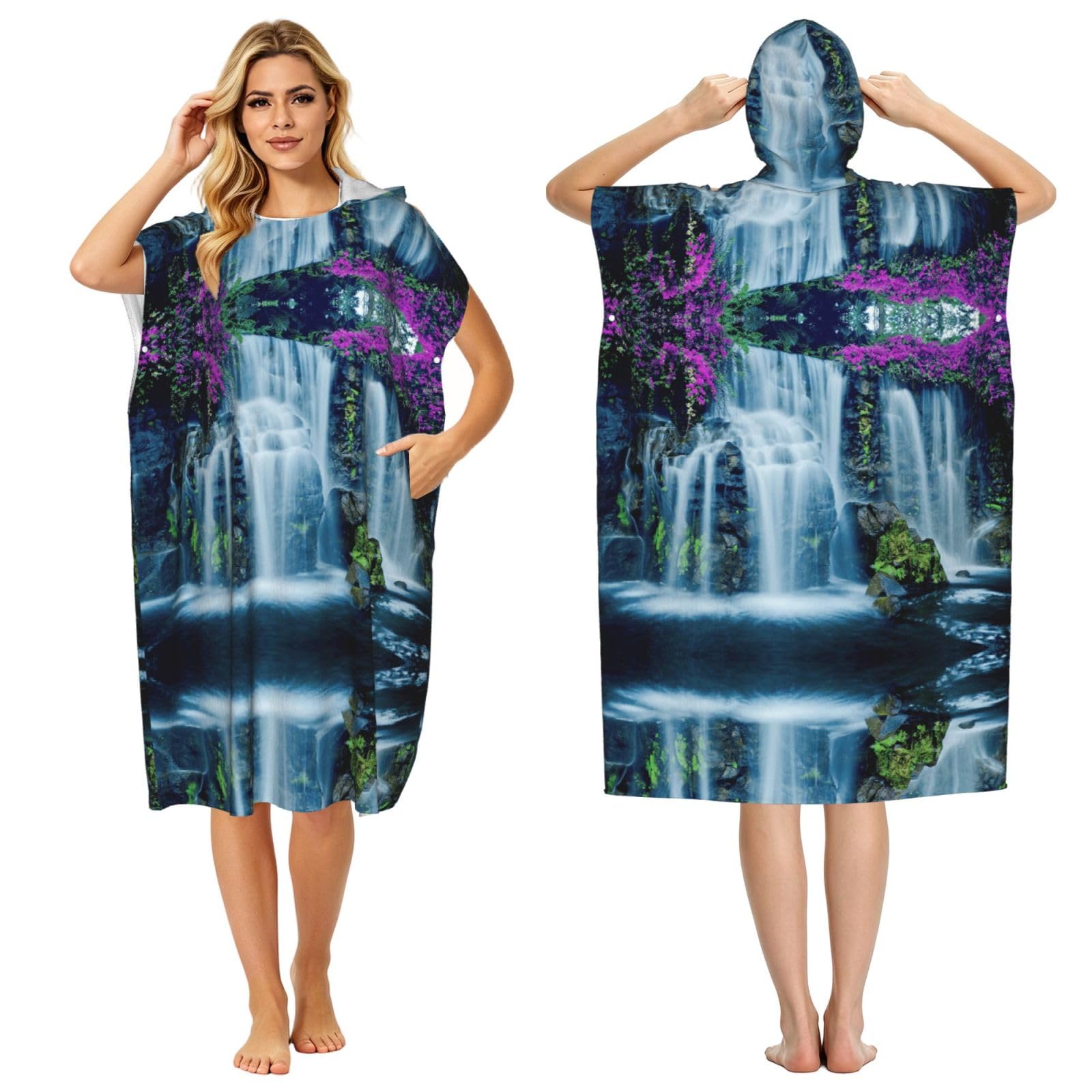Strandtuch mit Kapuze und Wasserfall- und Blumendruck, Poncho für Erwachsene, Mikrofaser, Umkleidemantel, Bademantel, Sommer, Strandtuch