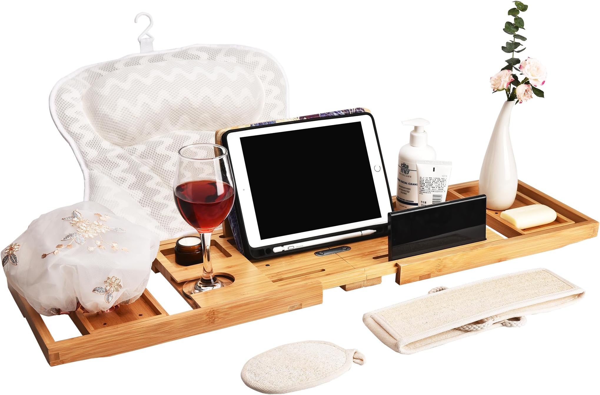 Expandable Folding Bathtub Tray and Tub Pillow, with Handmade Shower Cap and Bathing Luffa Noodle 2-Piece Set