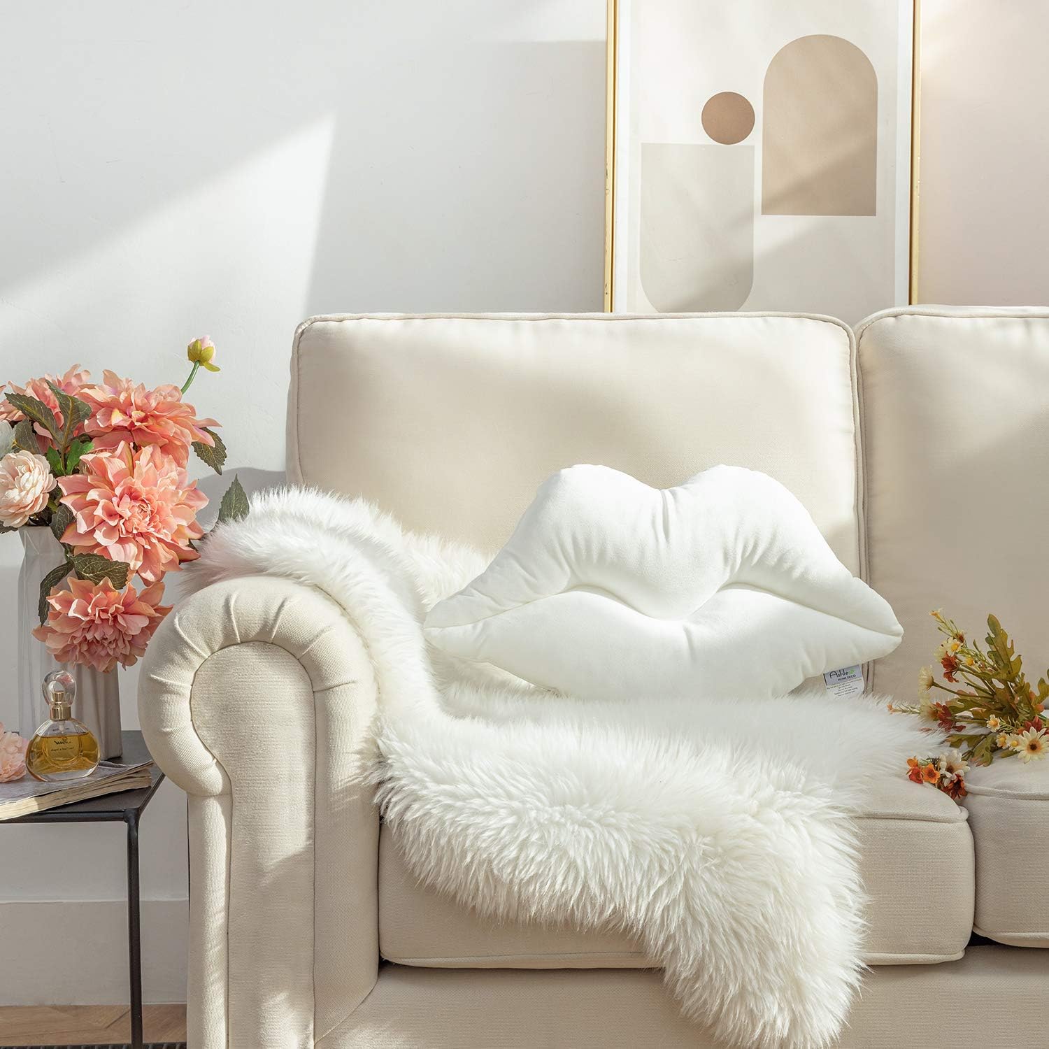 Ashler 3D Lips Throw Pillows Smooth Soft Velvet Insert Included Cushion for Couch Bed Living Room, True White, 24 X 12 inches