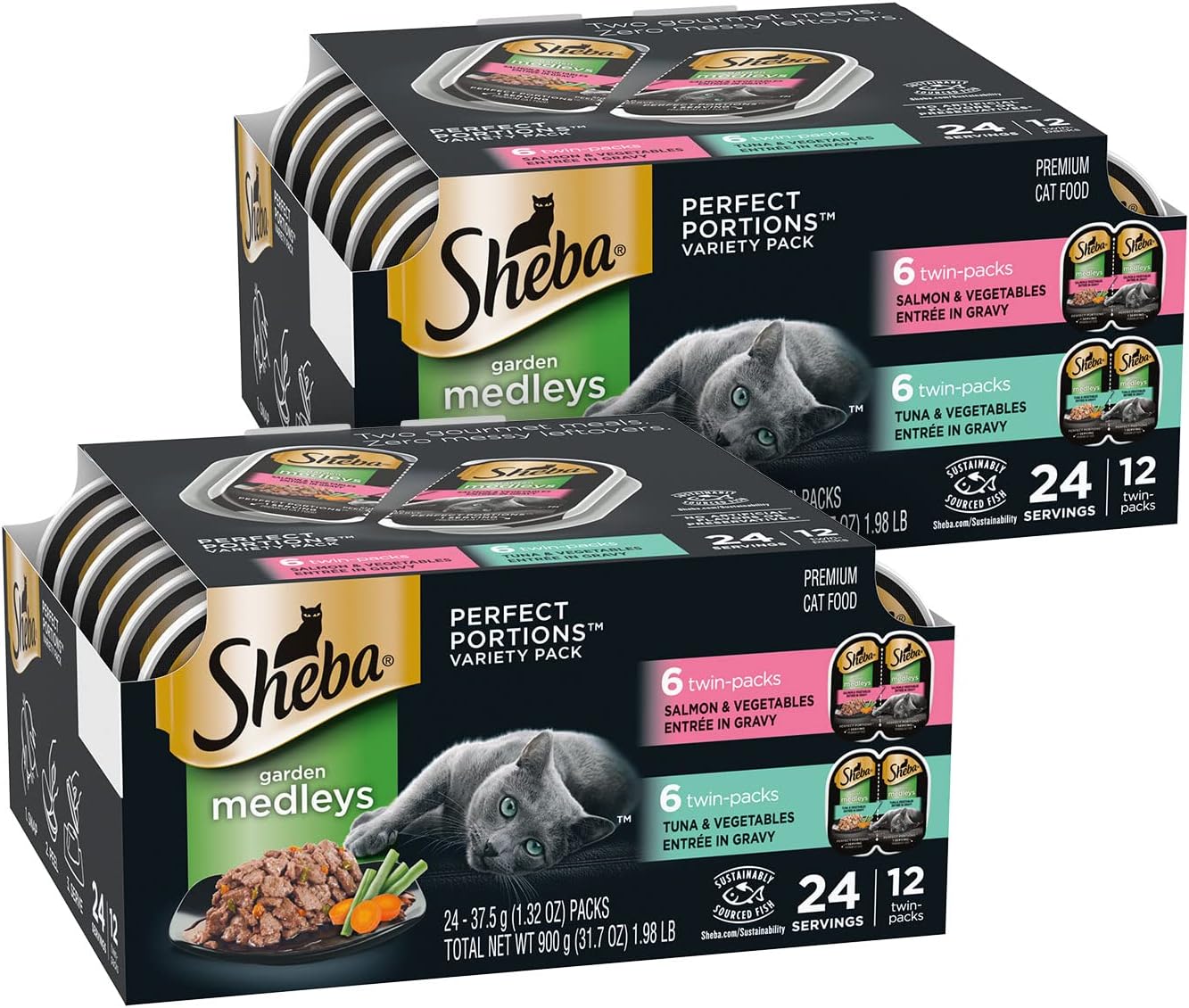Sheba Perfect PORTIONS Adult Wet Cat Food, Garden Medleys Tuna & Vegetables Entree in Gravy and Salmon & Vegetables Entree in Gravy Multipack, (12) 2.6 oz. Easy Twin-Pack Trays