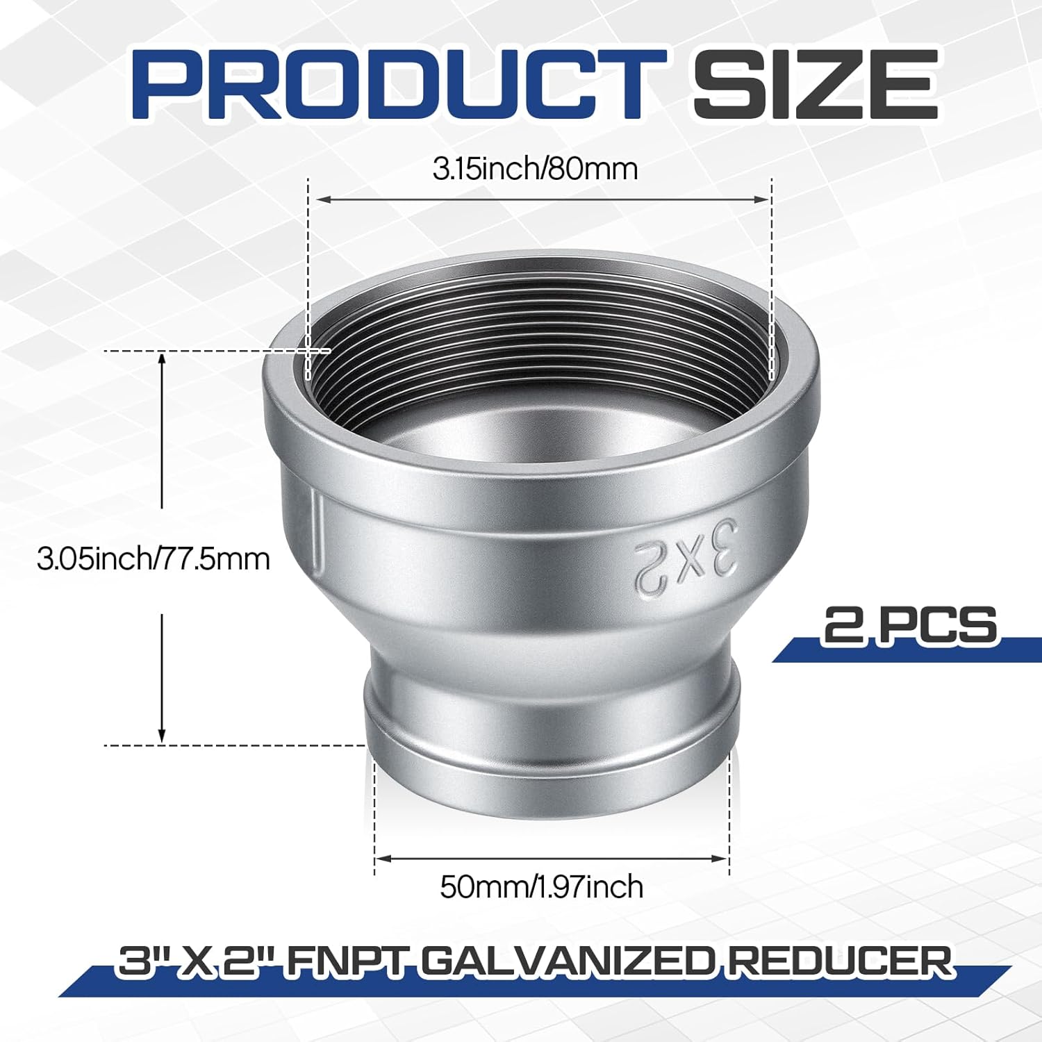 2 Pack 3" x 2" FNPT Galvanized Reducer, 300 PSI Pressure Rating for Plumbing, Industrial, and Fire Protection Systems
