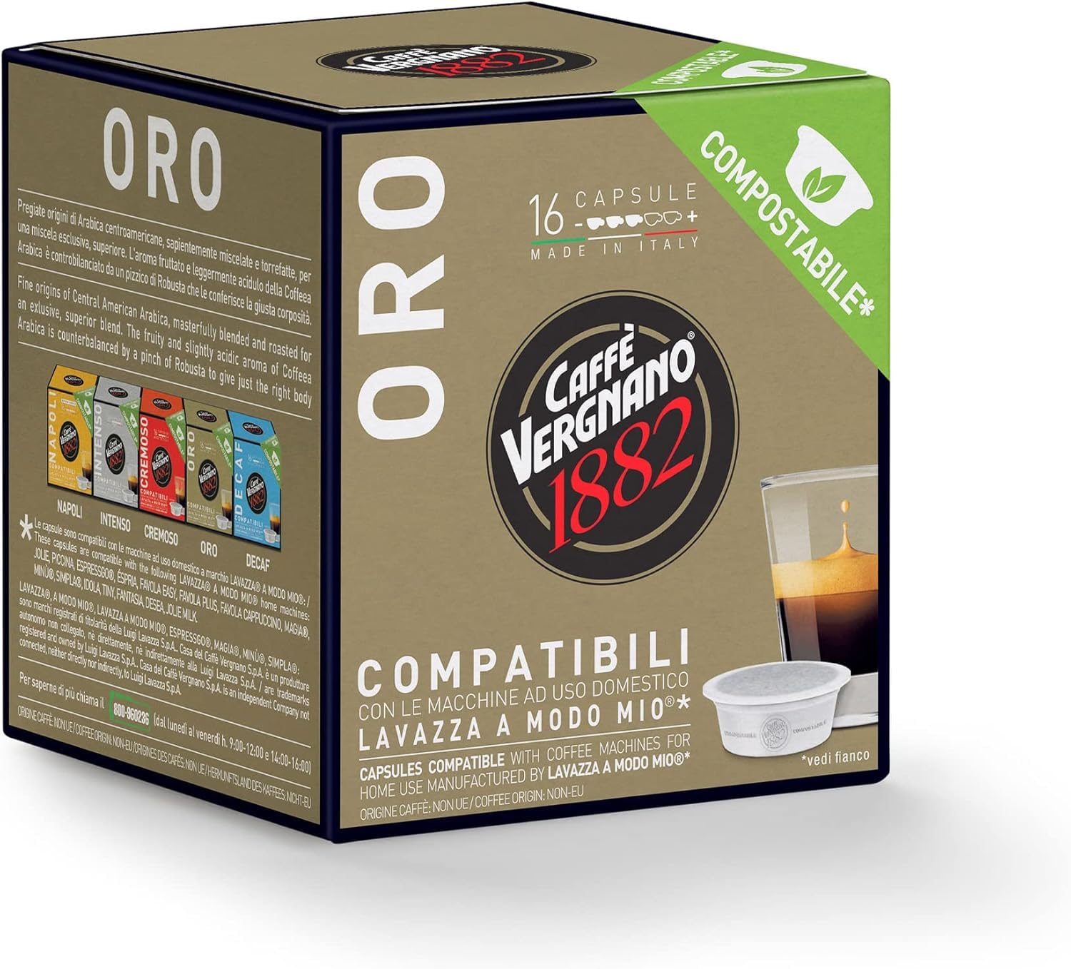 Caffè VERGNANO 1882, 256 Capsule Compostabili e Compatibili Lavazza A Modo Mio, ORO - 16 confezioni da 16 -DD-