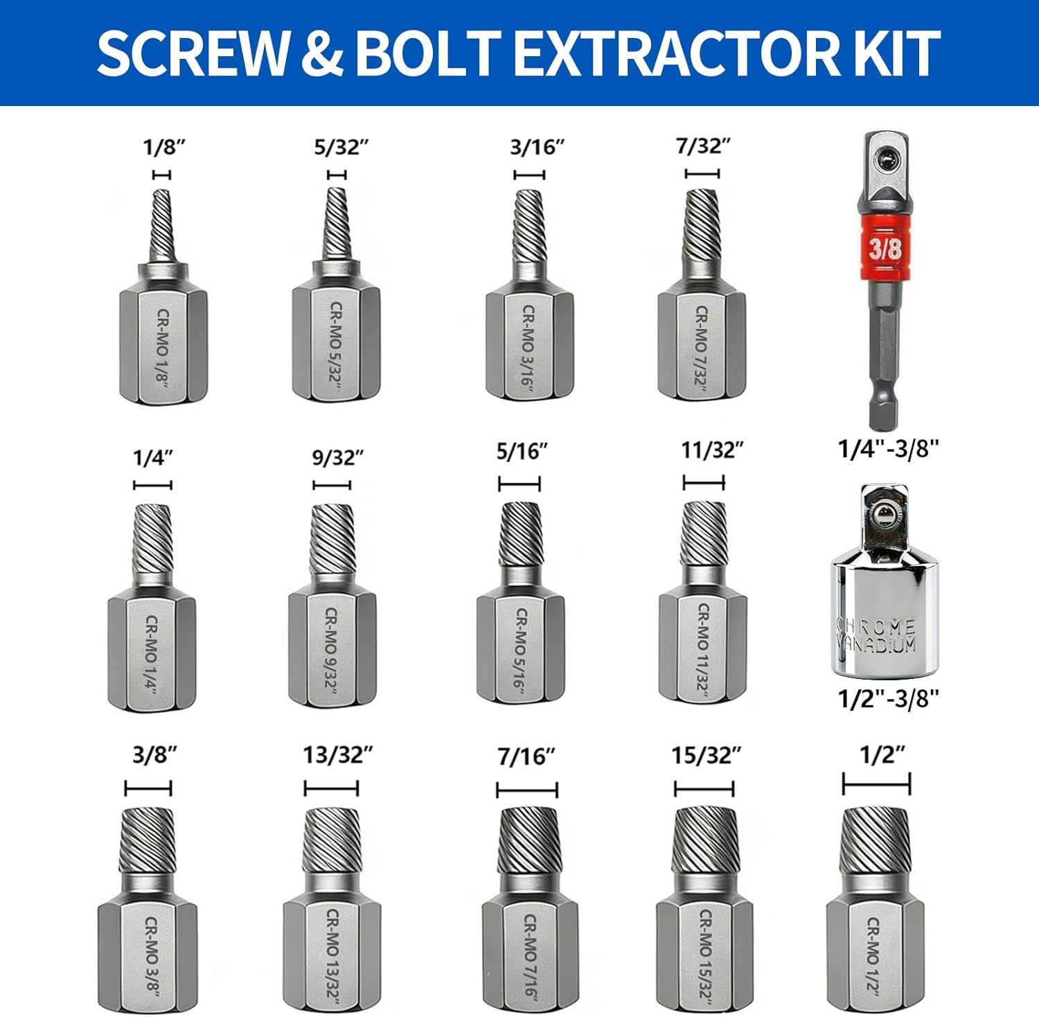 Greywolf 15 pcs Screw Extractor Set with 3/8 Inch Drive, Hex Head Multi-Spline Screw Easy Extraction Bolt Extractor Kit, Broken Bolt Extractor for Removing Broken, Rusted Bolts and Screws