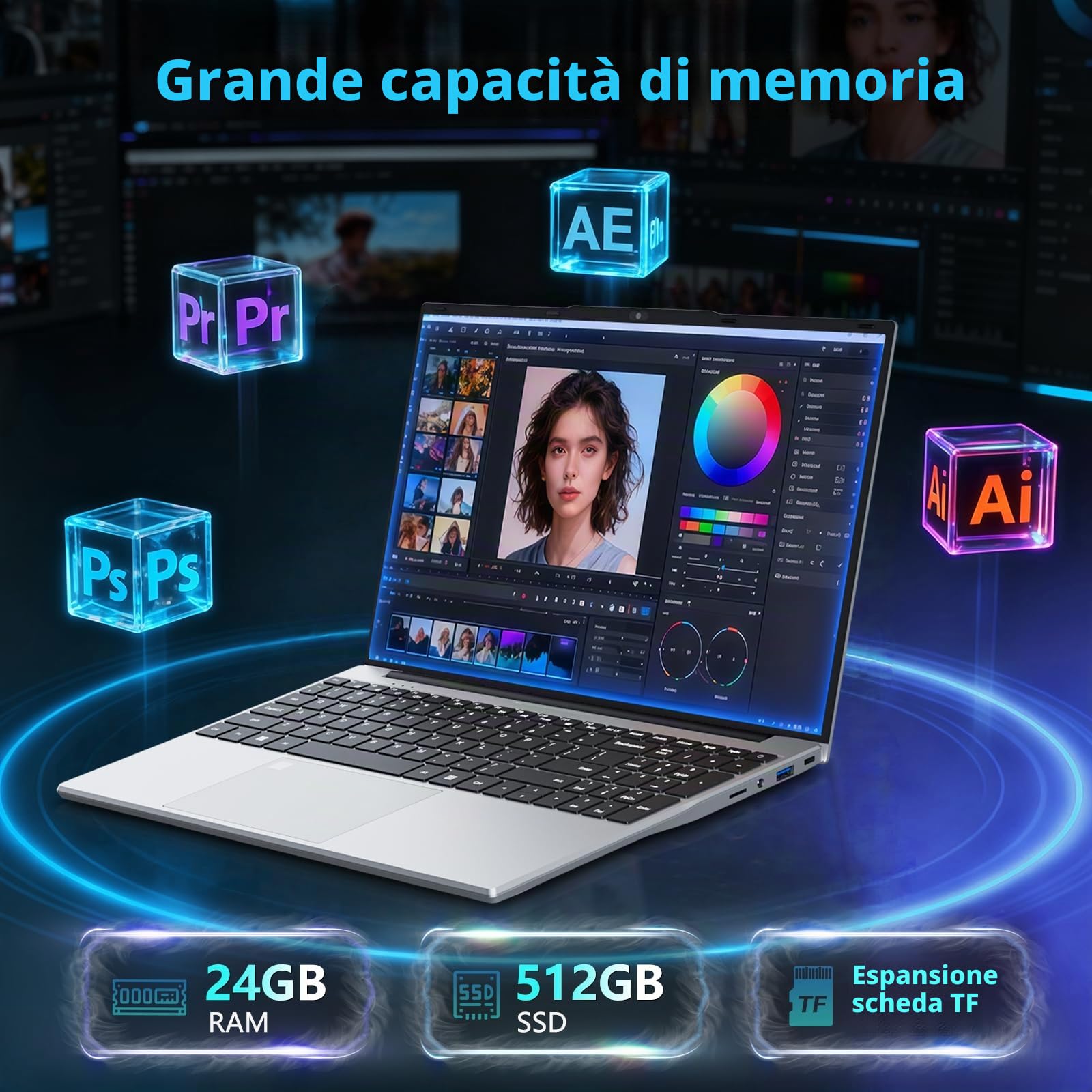Notebook Win 11, 15,6 Pollici PC Portatile 24GB RAM 512GB SSD, Celeron N5095 CPU, Webcam+BT4.2+USB3.0, Laptop Digitale Tastiera Retroilluminata/Sblocco Impronta Digitale, 180° Flip IPS Schermo