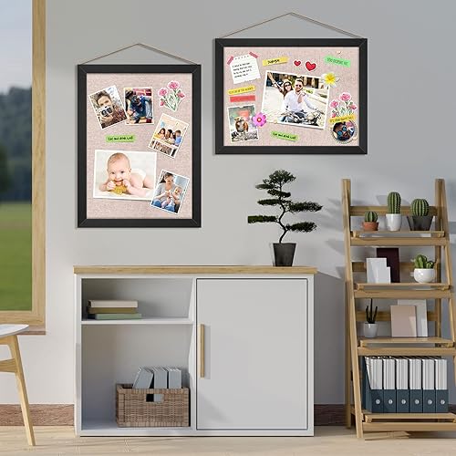 Miniatura 5 de Teling Juego de 6 tableros de anuncios de madera con lino de 30 x 41 cm, tablero de corcho para paredes con 60 chinchetas decorativas, marco de