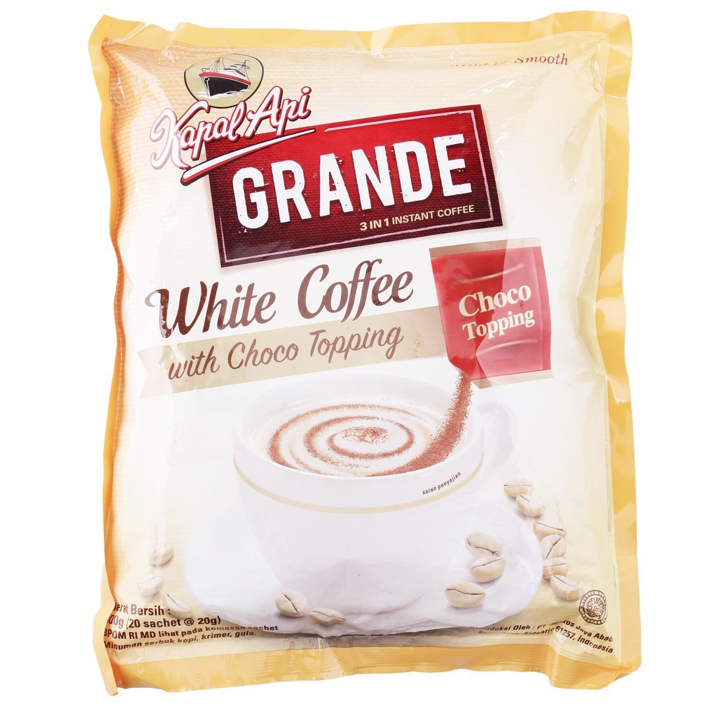 Kapal Api Grande White Coffee with Choco Topping 20-ct, 400 Gram