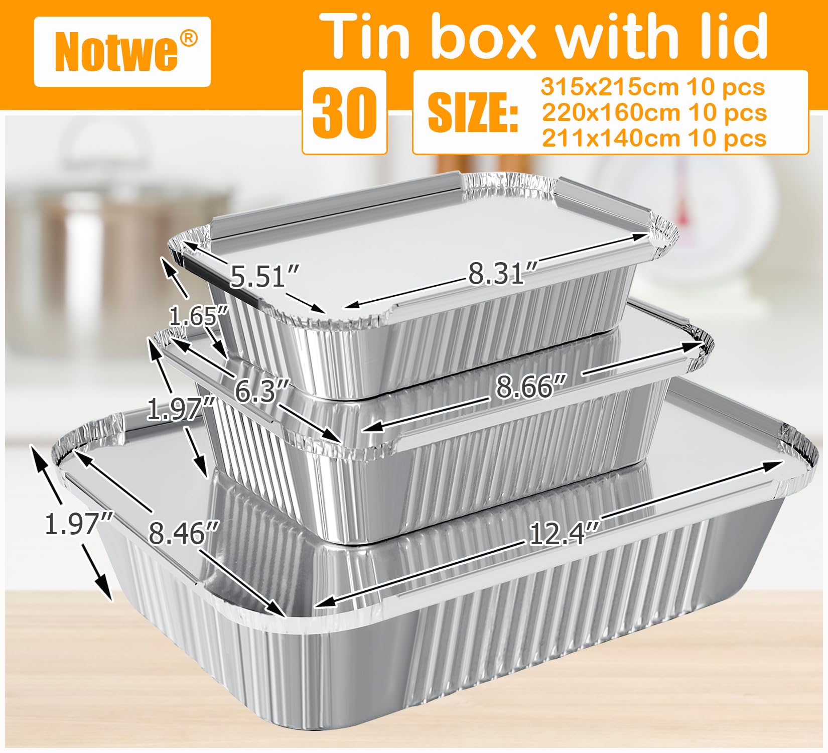 30 Ciotole in Alluminio, per Barbecue, in Alluminio, 1750 ml/700 ml/410 ml/260 ml, Ciotole in Alluminio con Coperchio, Ciotole per Barbecue in Alluminio, riutilizzabili (Argento-L)
