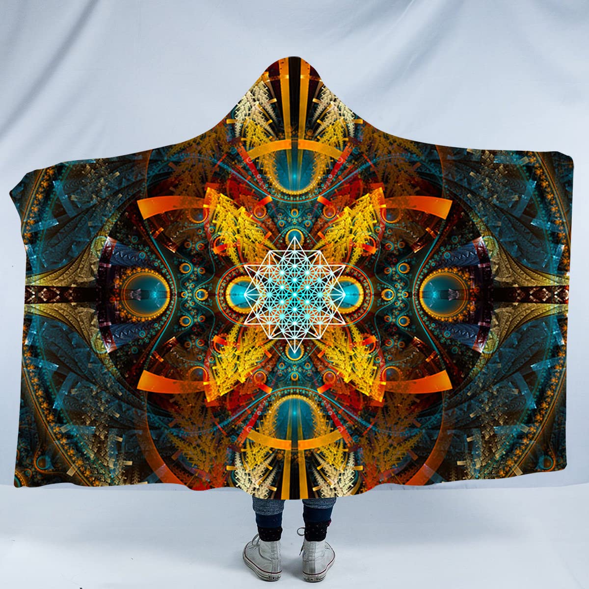 Party Festival Sacred Geometry Hooded Blanket | Comfy Warm Meditation Throw Cape | Yoga | Hooded Psychedelic Sherpa Blanket | Festival Outfit | Ceremony Poncho | Star Matrix