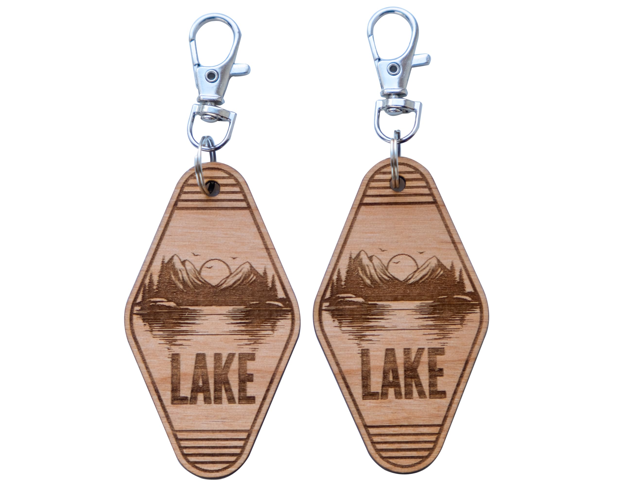 Timber Box Design Vacation Home Keychain - 2 Pieces - Laser Engraved Wood Key Chain - Small House Gift (Lake)