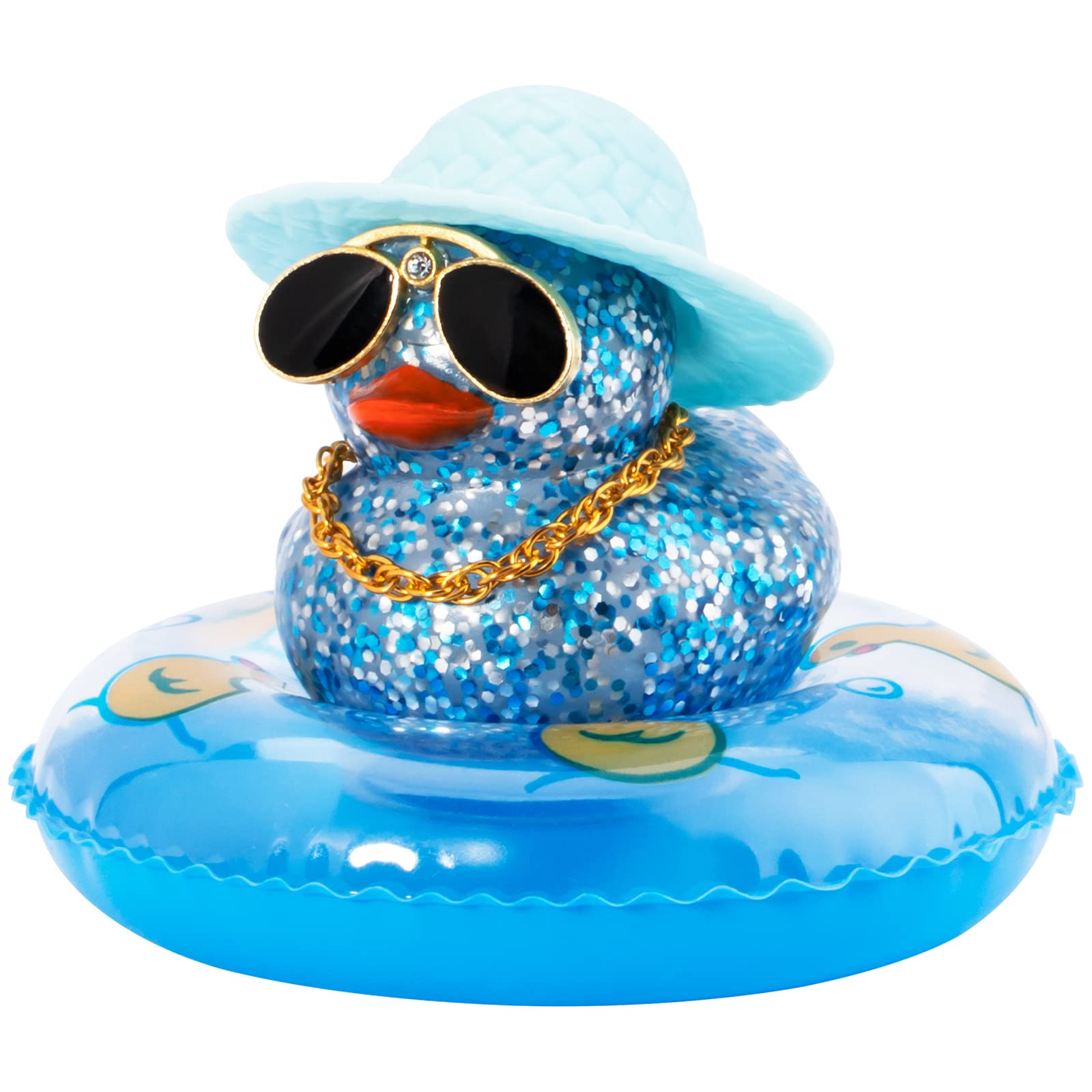wonuu Rubber Duck Car Ornament Dashboard Decorations with Swim Ring Sunglasses Hat and Necklace, B_Blue