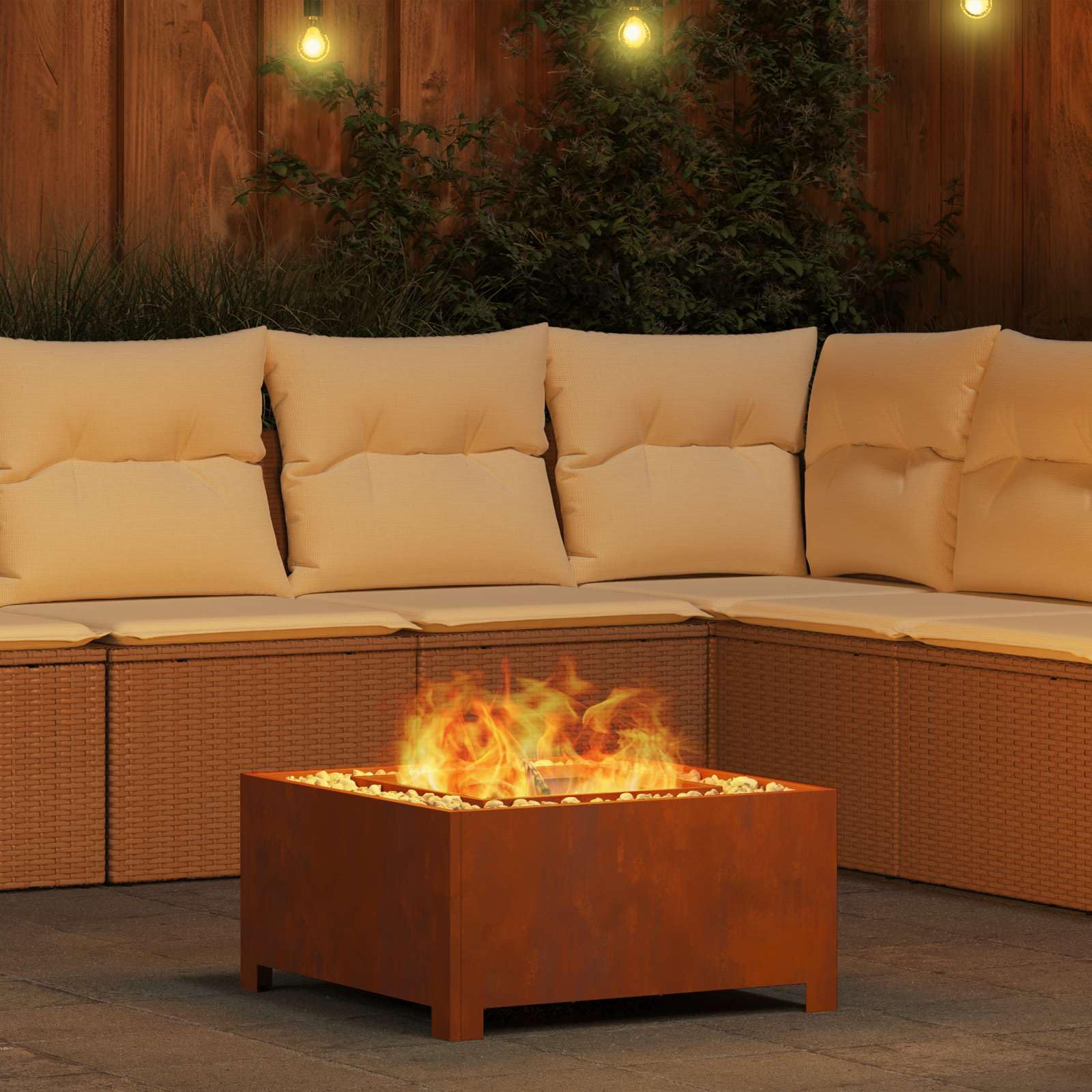 Brasero de acero resistente a la intemperie, marrón, 60 x 60 x 30 cm, para balcón, terraza, jardín, con cámara de combustión para calor y llama