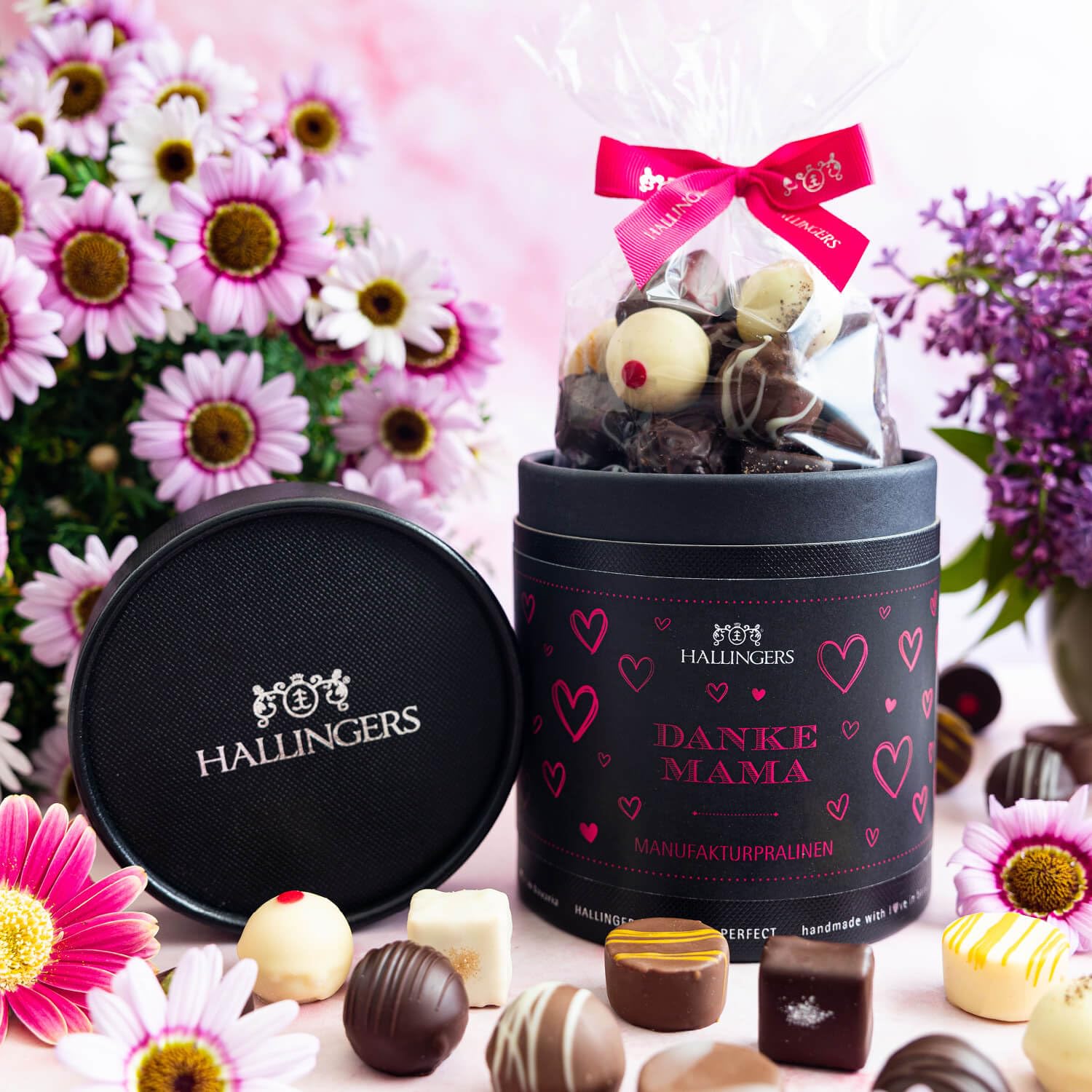 Hallingers Genuss Manufaktur Pralinen Muttertagsgeschenk - ohne Alkohol, handmade aus Confiserie-Edelkakao in wertiger XXL-Geschenkdose "Danke Mama", Geschenkidee für Mama Oma