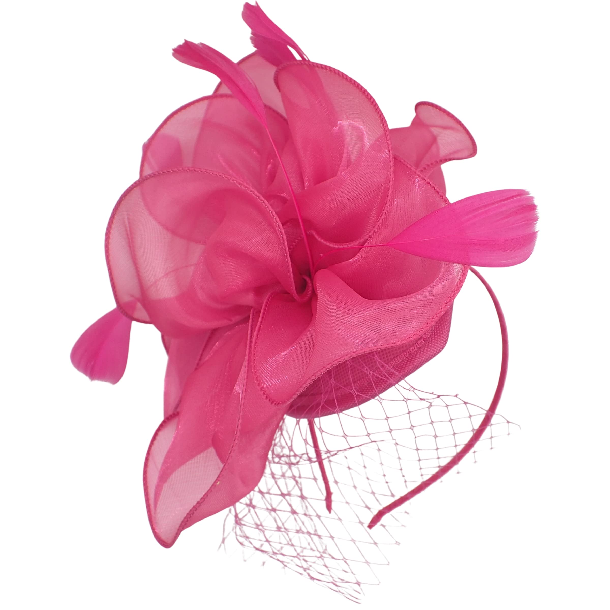 Topkids Accessories Fascinators Chiffon Fascinator Wedding Hat Ascot Hats Net Veil Fascinator Hairband Attached to Metal Aliceband for Girls, Ladies, Women (Fuchsia)