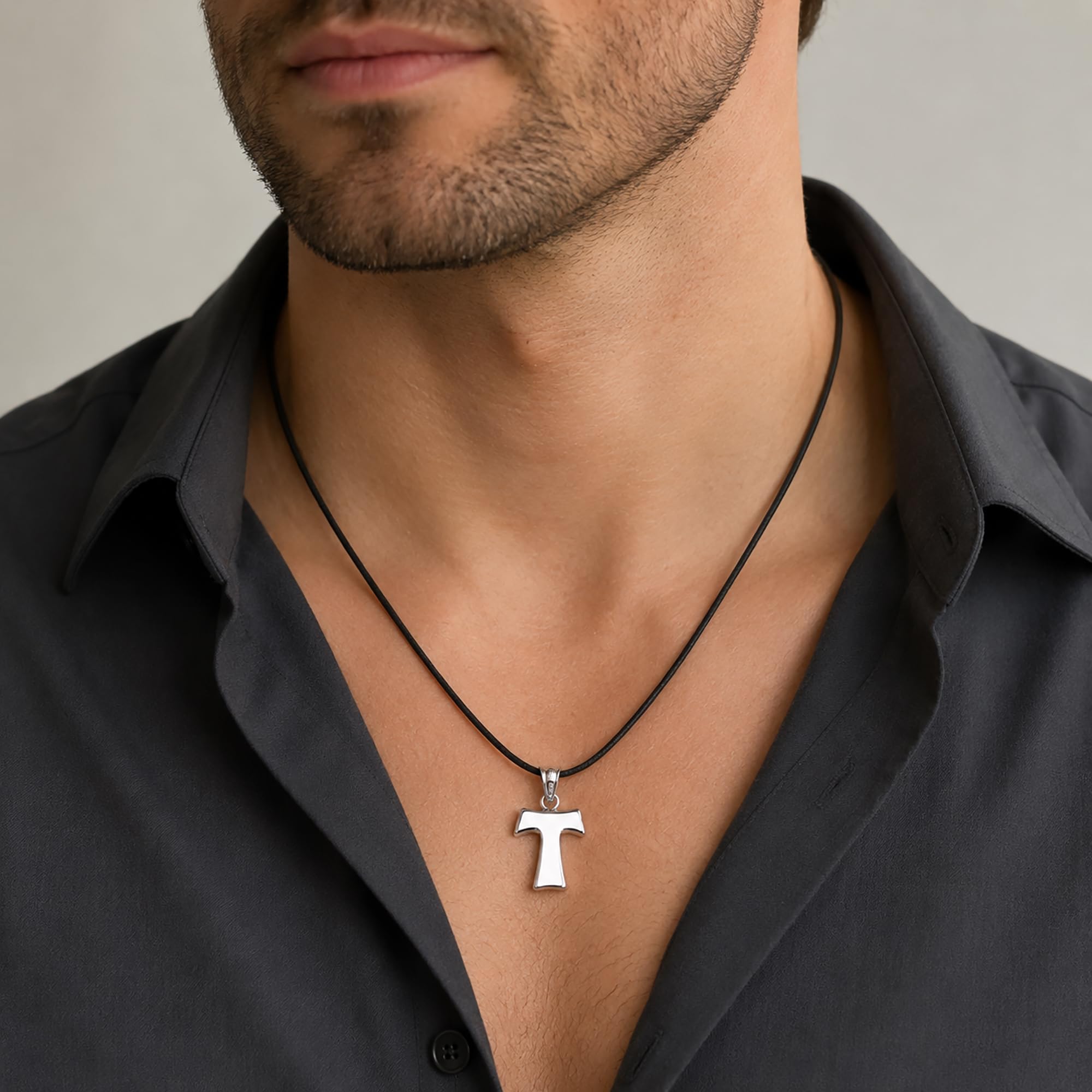 Gioielli Aurum Collana Croce Tau Tao in Argento 925 con Cordino Nero, Ciondolo Religioso Unisex Uomo Donna
