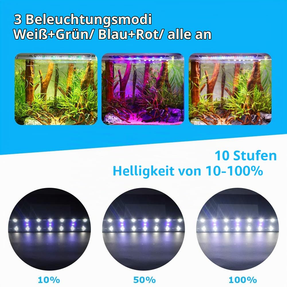 LED Aquarium Beleuchtung, Aquarien Lampe [Vollspektrum Rot Grün Blau Weiß Licht] mit Timer, 10 Helligkeitsstufen Dimmbar IP66 Wasserdicht für Fisch Tank Pflanze