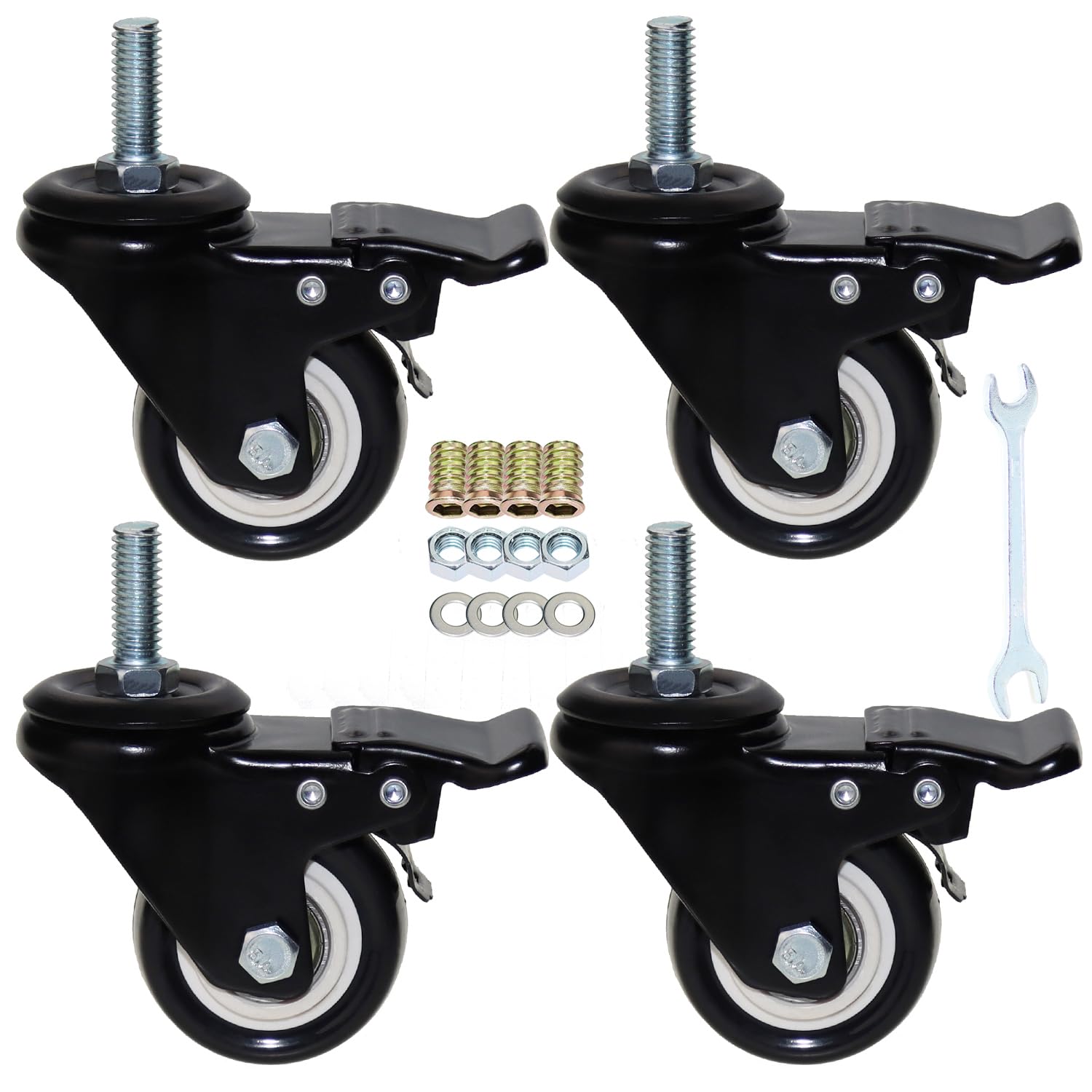 Photo 1 of 2'' Caster Wheels, Swivel Stem Casters 3/8'' - 16x1'' (Screw Diameter 3/8'', Screw Height 1'') 330Lbs Heavy Duty Threaded Casters No Noise PU Dual Locking Castors with Brake