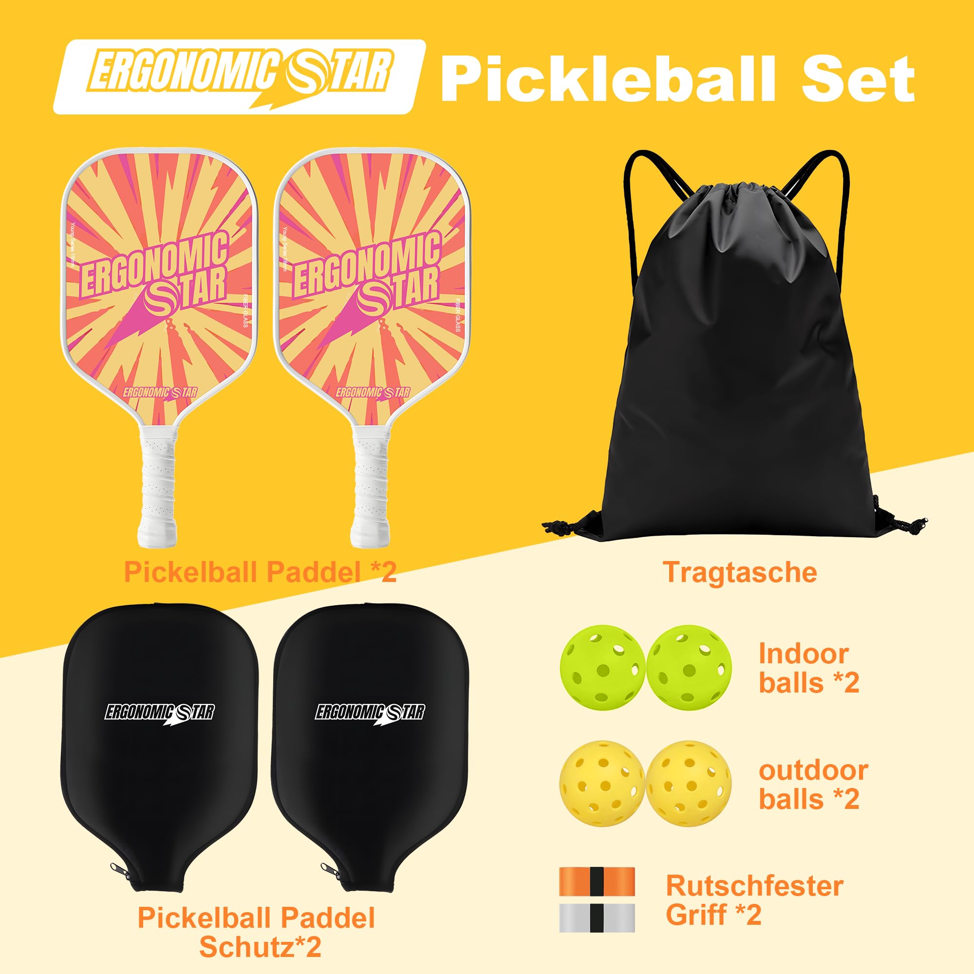 Pickleball Set Fiberglas Pickleball Schläger mit 4 Bällen und Tragetasche Paddel Schutz, Leicht Pick-up-Schläger für Anfänge Drinnen und Draußen