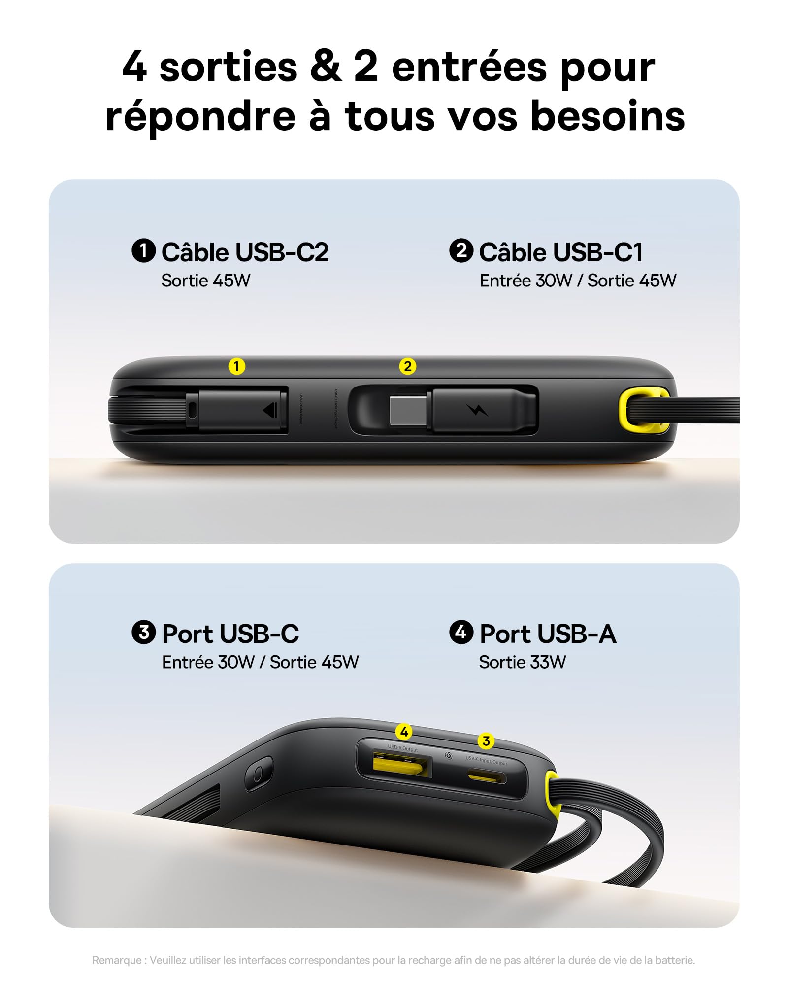 Baseus Powerbank 20000mAh 45W avec 2 Câbles USB-C Intégrés, Power Bank PD3,0 QC4,0 Batteries Externes Charge Rapide, 3C et 1 A, Chargeur Portable pour iPhone 17/16/15 Pro Max, iPad, Samsung, Noir