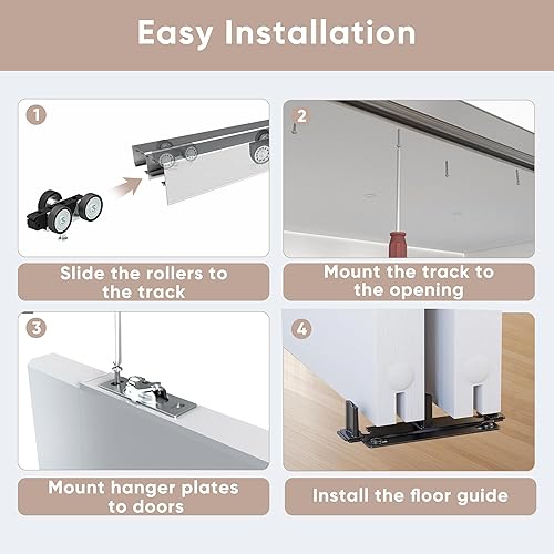 Miniatura 6 de JUBEST Bypass - Herrajes para puerta corrediza de 72 pulgadas, juego de herrajes para puerta de armario de Bypass suave y silencioso, para sistema