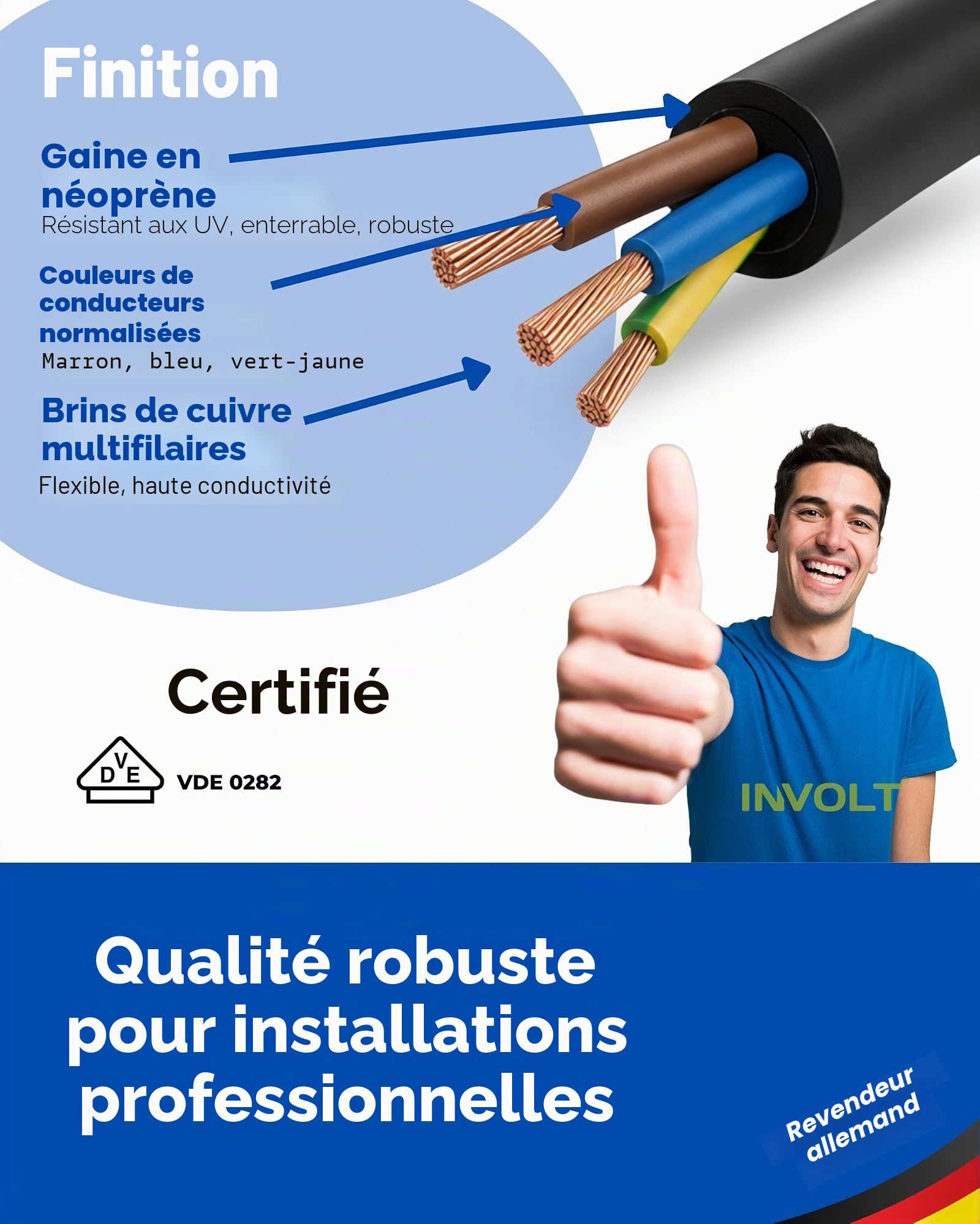 INVOLT 50m de câble en caoutchouc H05RN-F 3G0,75 mm², flexible, robuste, câble en caoutchouc avec conducteur de protection pour la connexion d'appareils électriques, VDE