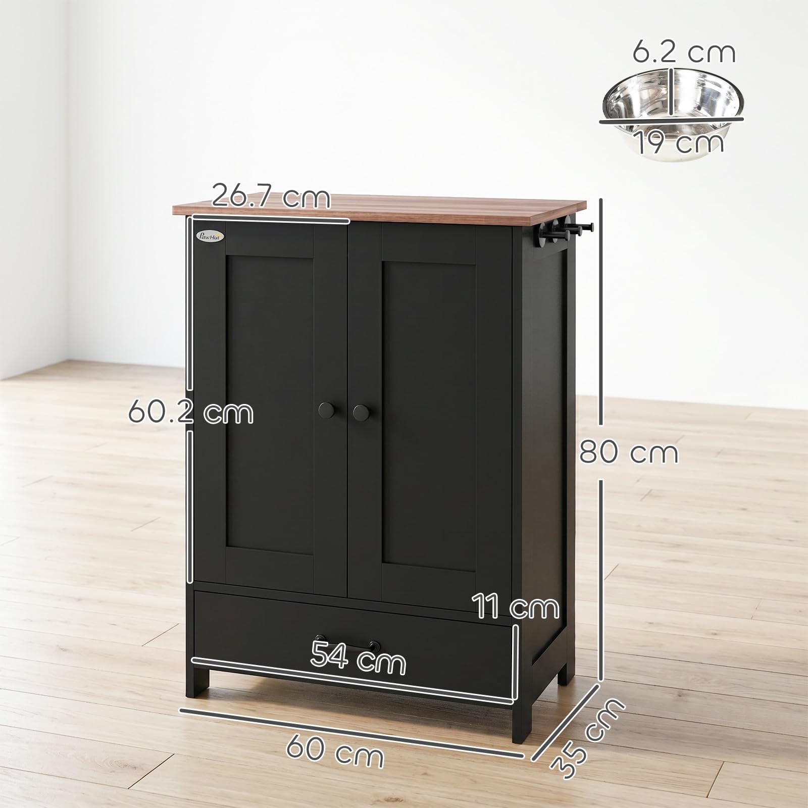 PawHut Station d'alimentation pour Animaux avec Rangement, Station d'alimentation pour Chiens avec gamelles surélevées, Panneau réglable, Crochets, Armoire de Rangement pour Aliments pour Animaux,