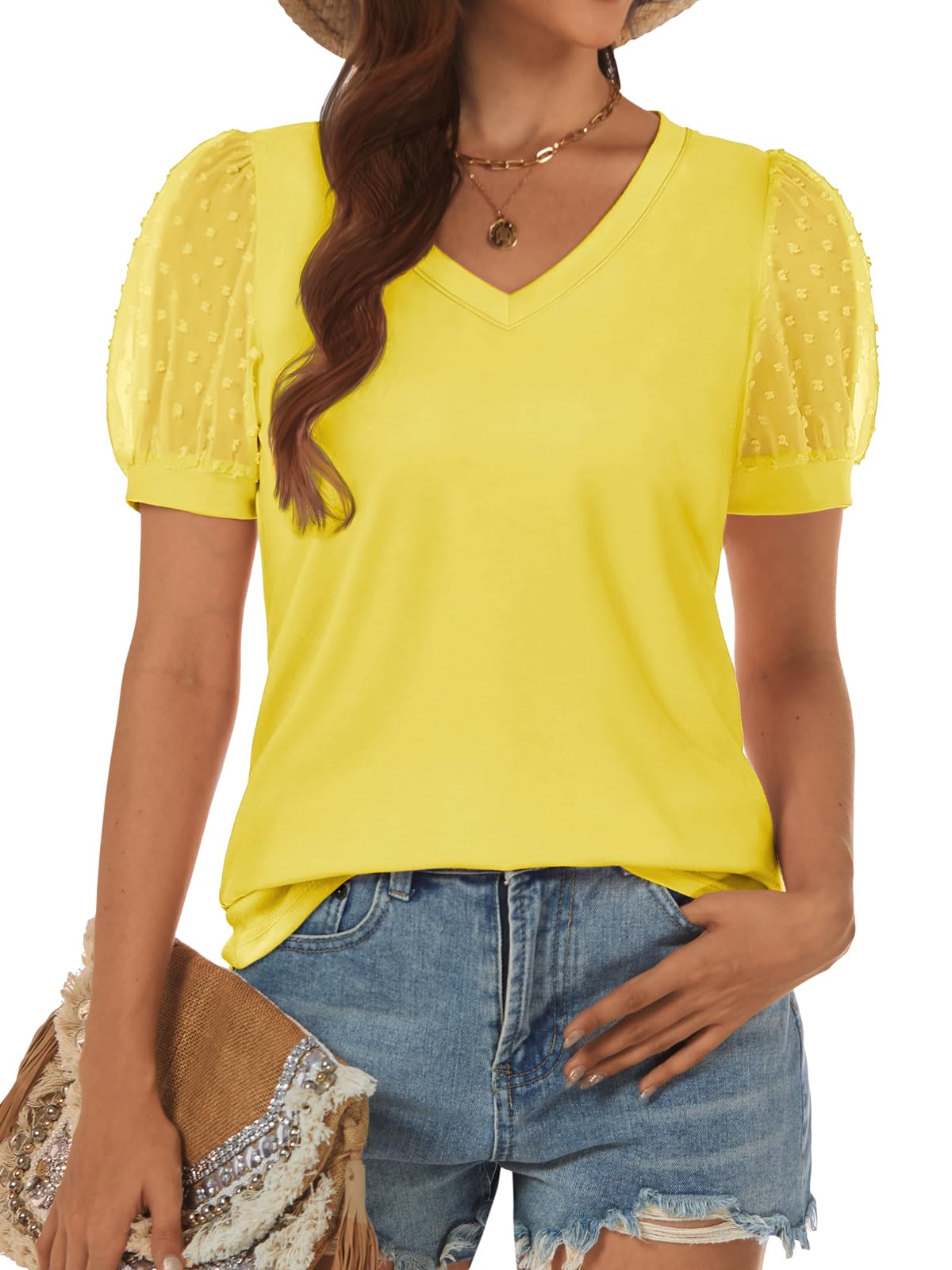 ATHMILE Womens Summer Tops V Neck T Shirts Swiss Dot Puff Sleeve Tops Loose Casual Tshirts