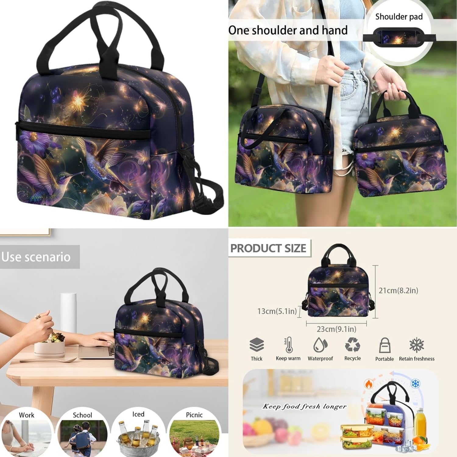 Hummingbird Flower 17 Inch Backpack Set School Bag with Insulated Lunch Portable Bag Pencil Holder Organizer 3 Piece for Children Boys Girls Teens Schoolbag Knapsack