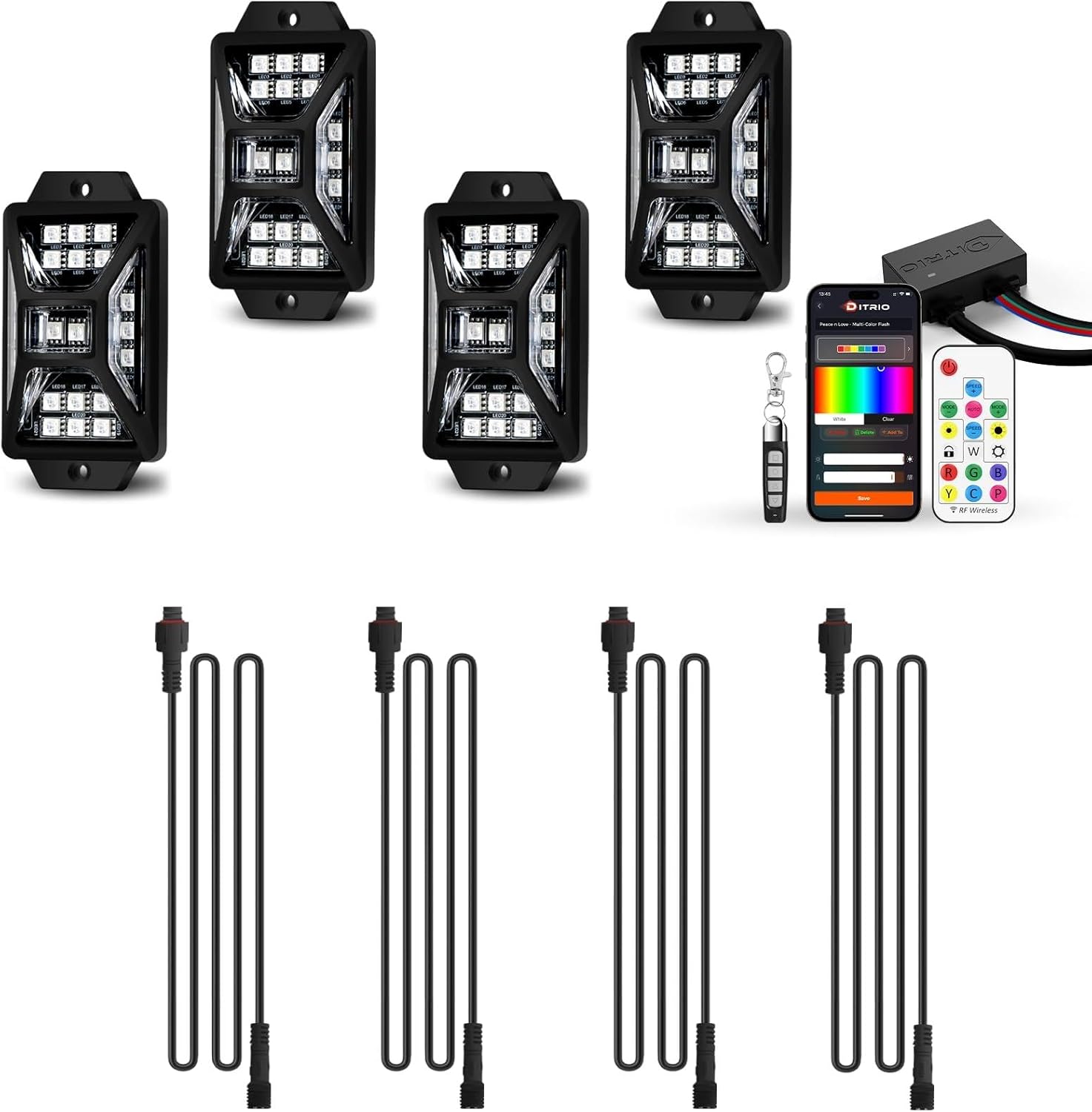 4 Pods Five Sided RGB Rock Lights for Trucks Jeep UTV SUV ATV and 4PCS 4FT 3 Pin Extension Cable