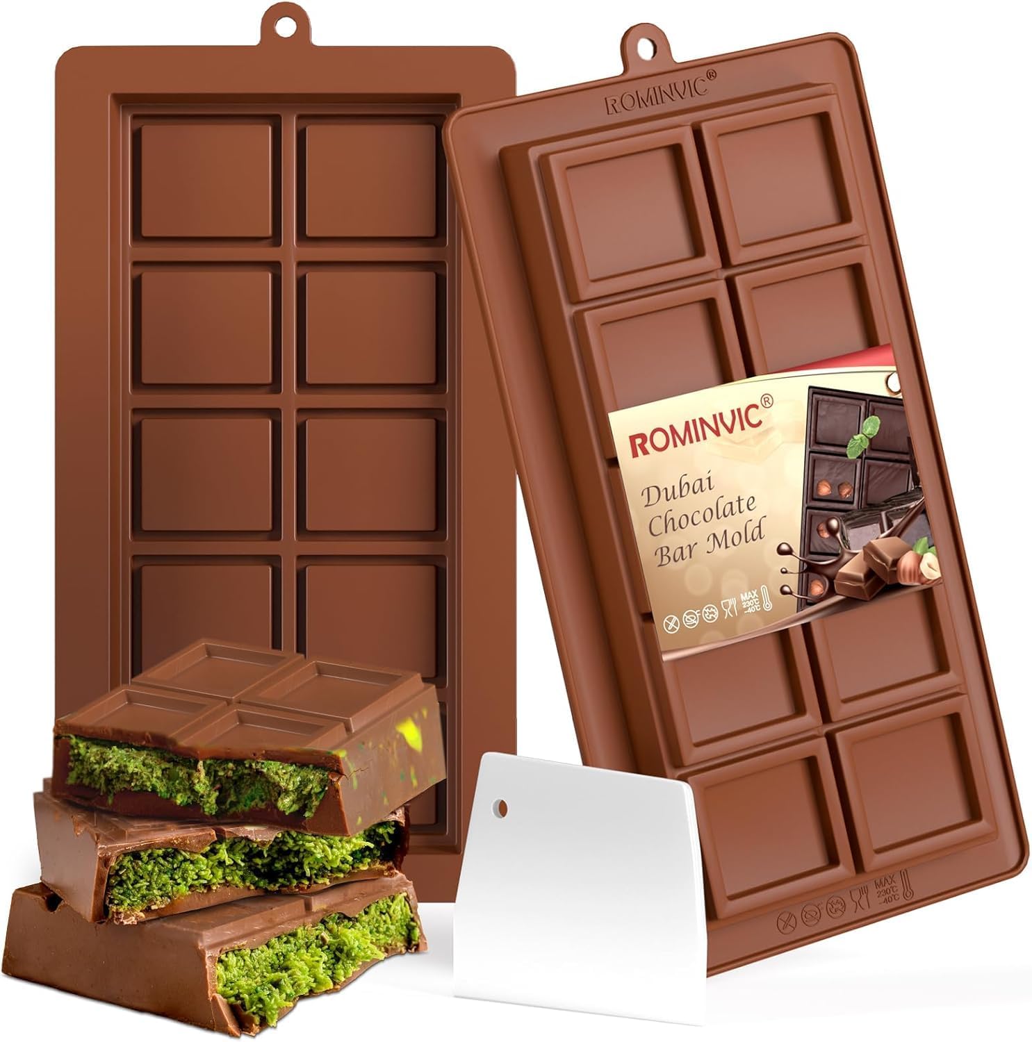 Dubai Chocolate Mold 2 Pack,0.79 Inch Deep Large and Thick Silicone Chocolate Bar Molds for Stuffed Bar,Big Chocolate Candy Bar Mold for Filling Knafeh Pistachio Kit Dubai-1