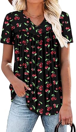KISSMODA Tops for Womens Summer Cute Short Sleeve Shirts Trendy Notched Neck Blouses Casual Loose Pleated Tunics S-3Xl