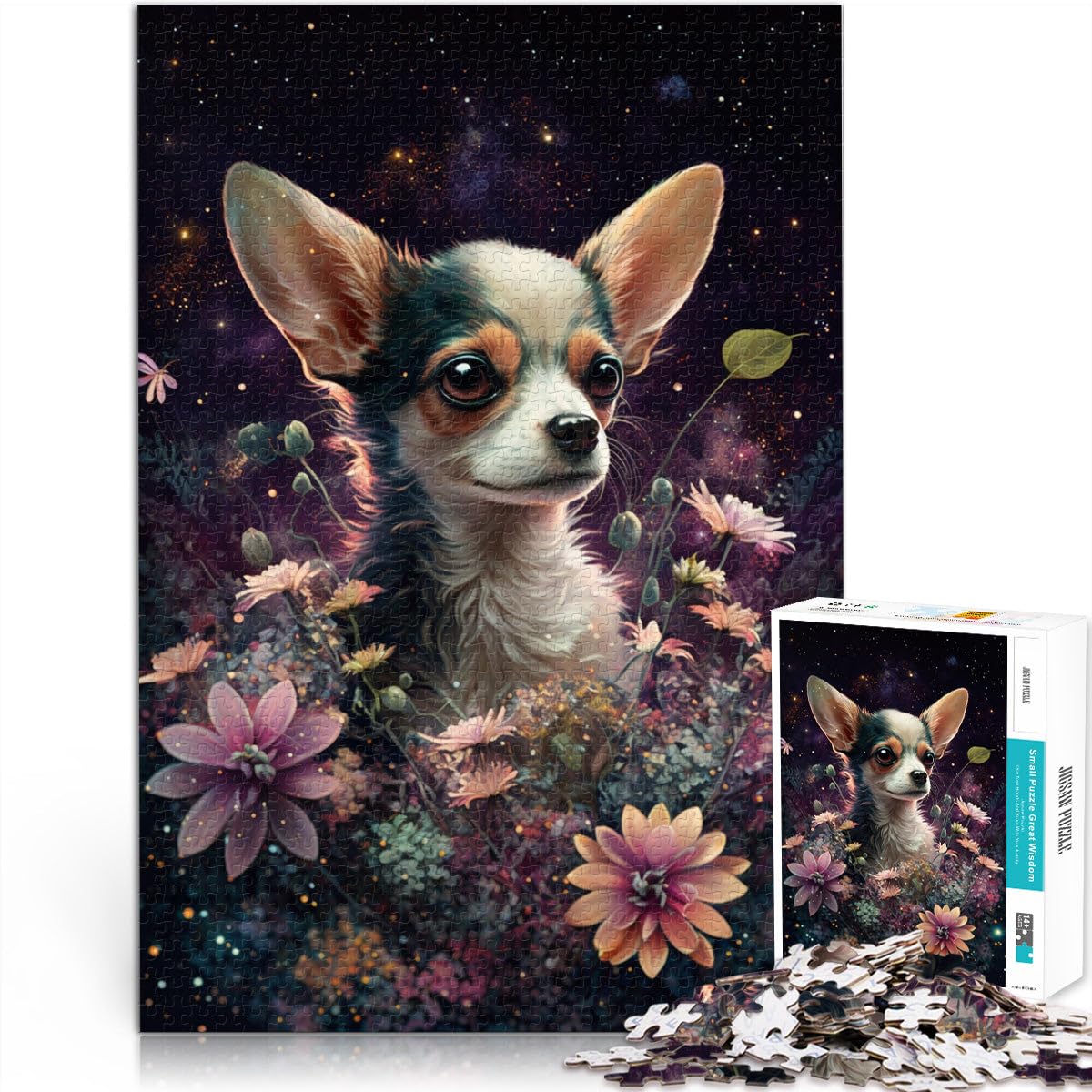 1000 Piece Jigsaw Puzzles for Adults Chihuahua flower Cartoon Jigsaw Puzzle Stress Reliever 19.7 in x29.5 in for and teenager Age 14 Years Up