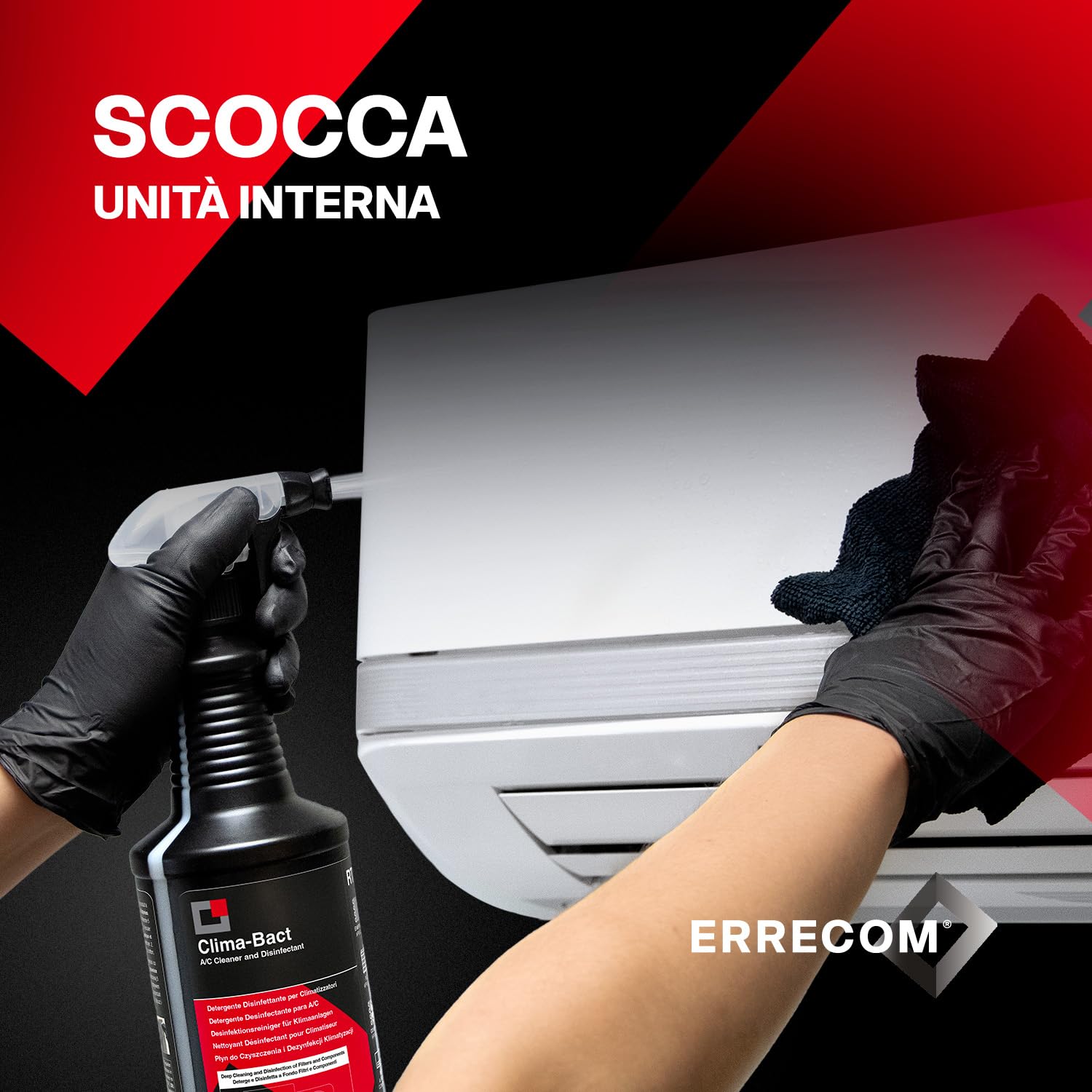 ERRECOM Clima-Bact Detergente Disinfettante per Climatizzatori, Biocida Registrato, Elimina Batteri, Virus, Sporco, Odori, Pulisce e Disinfetta Filtri, Batterie Alettate e Superfici,Biodegradabile,1L
