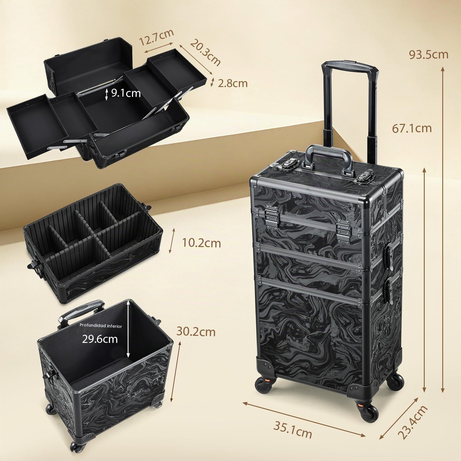 Maleta Maquillaje Profesional 3 en 1 Maletin Maquillaje con Ruedas Organizador de Maquillaje Maleta de peluquería Grande Maletín de uñas Multifuncional Caja Maquillaje Profesional, Alpes Negro