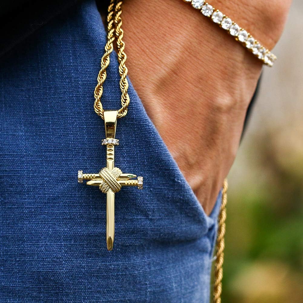 TUHE Hip Hop Nail Cross Faith Pendant Necklace for Men Women, 18K Gold Plated AAA CZ Iced Out Simulate Diamond Accents Bling Bling Charm Necklace with Stainless Steel Rope Chain in Platinum Plated