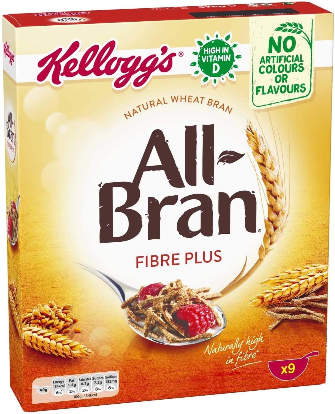 Kellogg's All Bran Fibre Plus | 375g | Tasty & Nourishing Breakfast | Natural Wheat Bran | Source of Fibre | High in Vitamin D & Iron | Low Fat & Sugar | Ideal For Breakfast