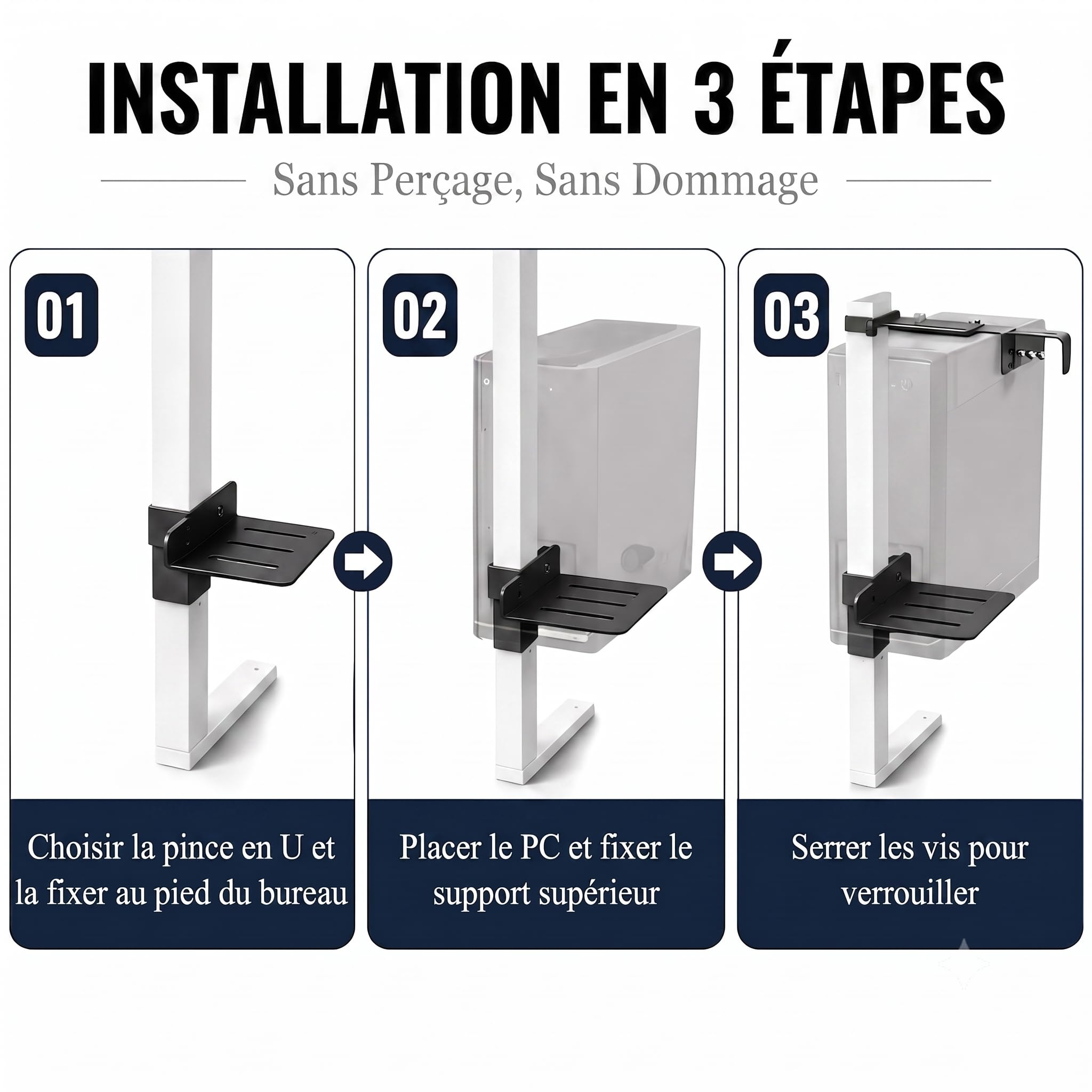 MIHAWK Support PC sous bureau sans perçage pour pied 80x50 mm Noir | Sans perçage，Compatible avec pieds 80 × 50 mm，Pour bureaux réglables en hauteur，Supporte jusqu'à 18 kg