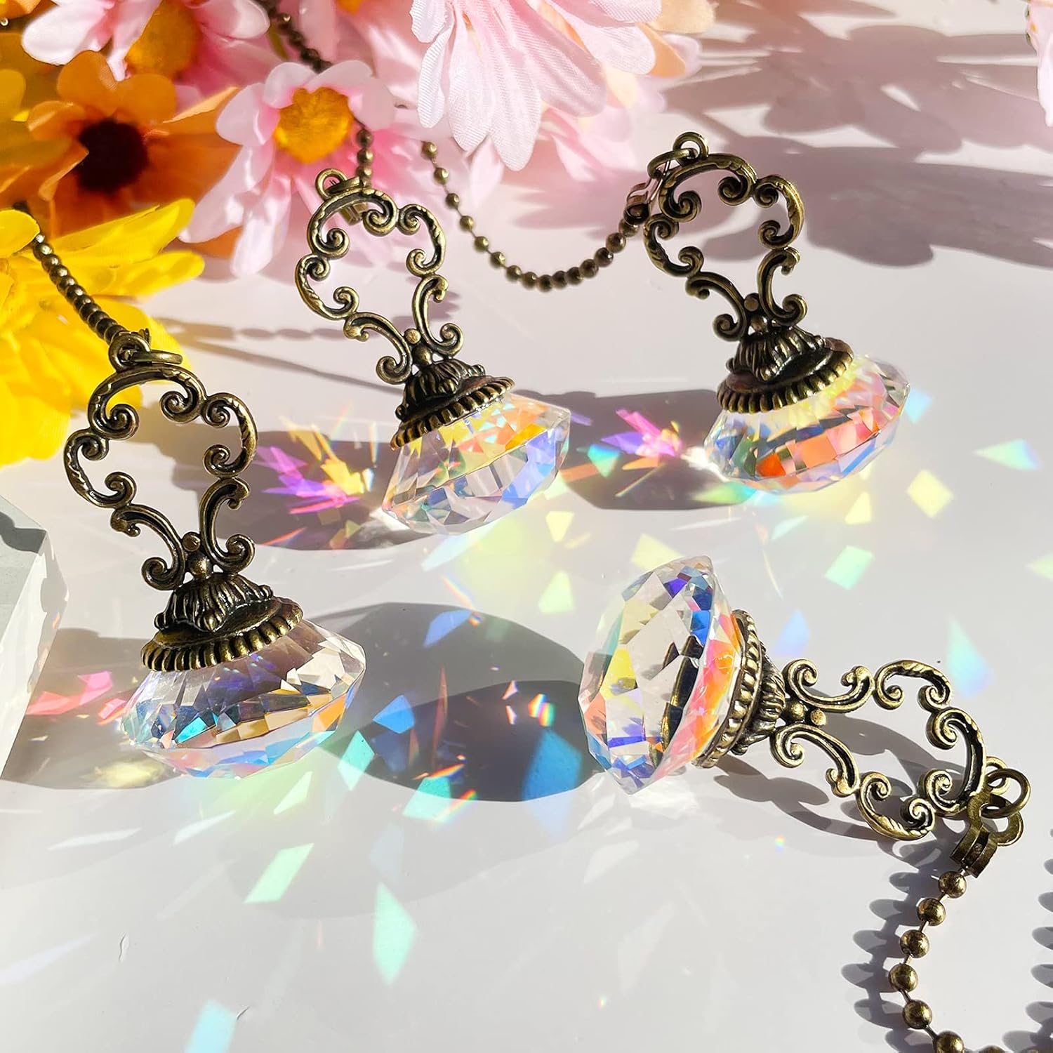 Honoson 4 Pieces Crystal Ceiling Fan Pull Chains Pendant Colorful Diamond Pull Chain Extension with Connector Crystal Prism Ball Extension for Bathroom Toilet Light Ceiling Light Fan Desk Lamp