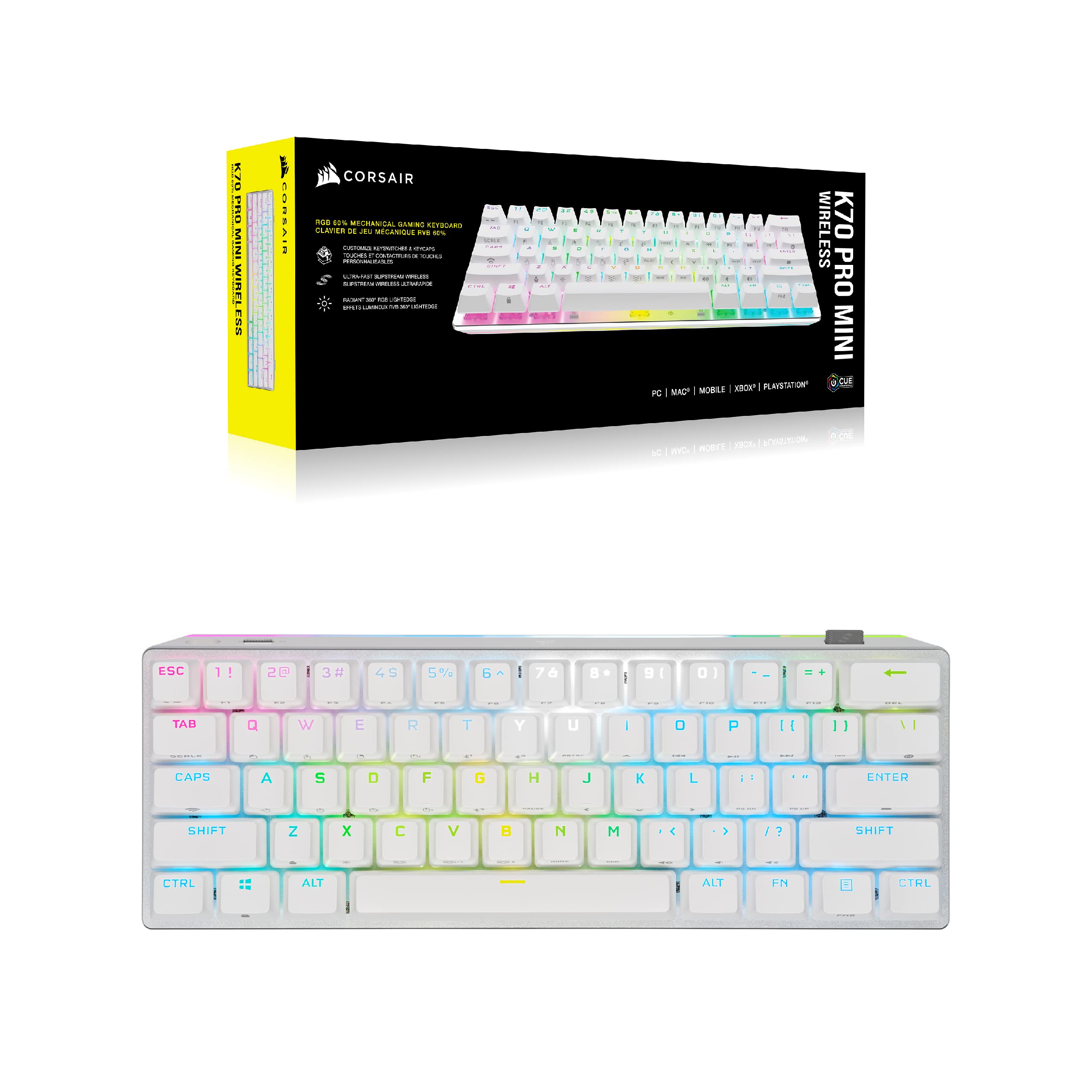 CORSAIR K70 Pro Mini Tastiera Meccanica Wireless RGB 60% per Giochi (Sub-1 ms Wireless più veloce, Interruttori Cherry MX Speed Intercambiabili) QWERTY Design NA, Bianco