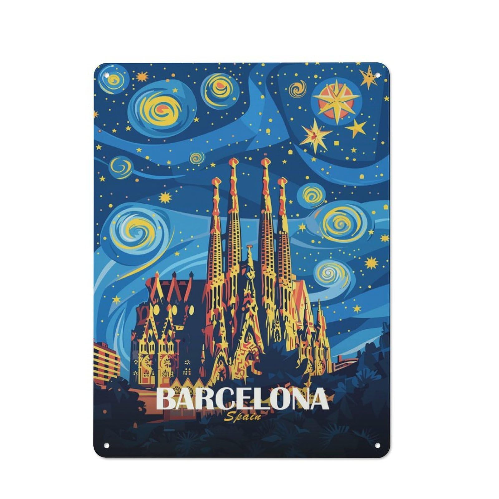 Junmoney Style-11 Tin Wall Plaque 40X30cm With Barcelona Spain Travel For Man Cave Or Games Room, For Vintage Wall Decor Fans, For Themed Room Decoration