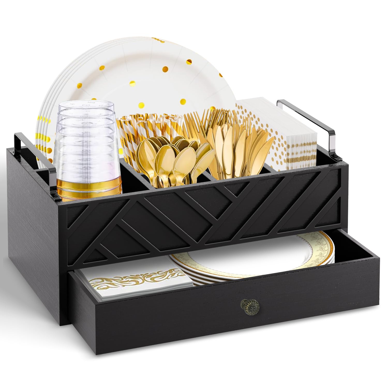 Pappteller-Spender mit Schublade für Küchenarbeitsplatte, Holz-Pappteller-Halter mit großem Getränkehalter, rustikaler Besteck-Caddy-Halter für Besteck, Pappteller-Organizer (schwarz mit Gravur)