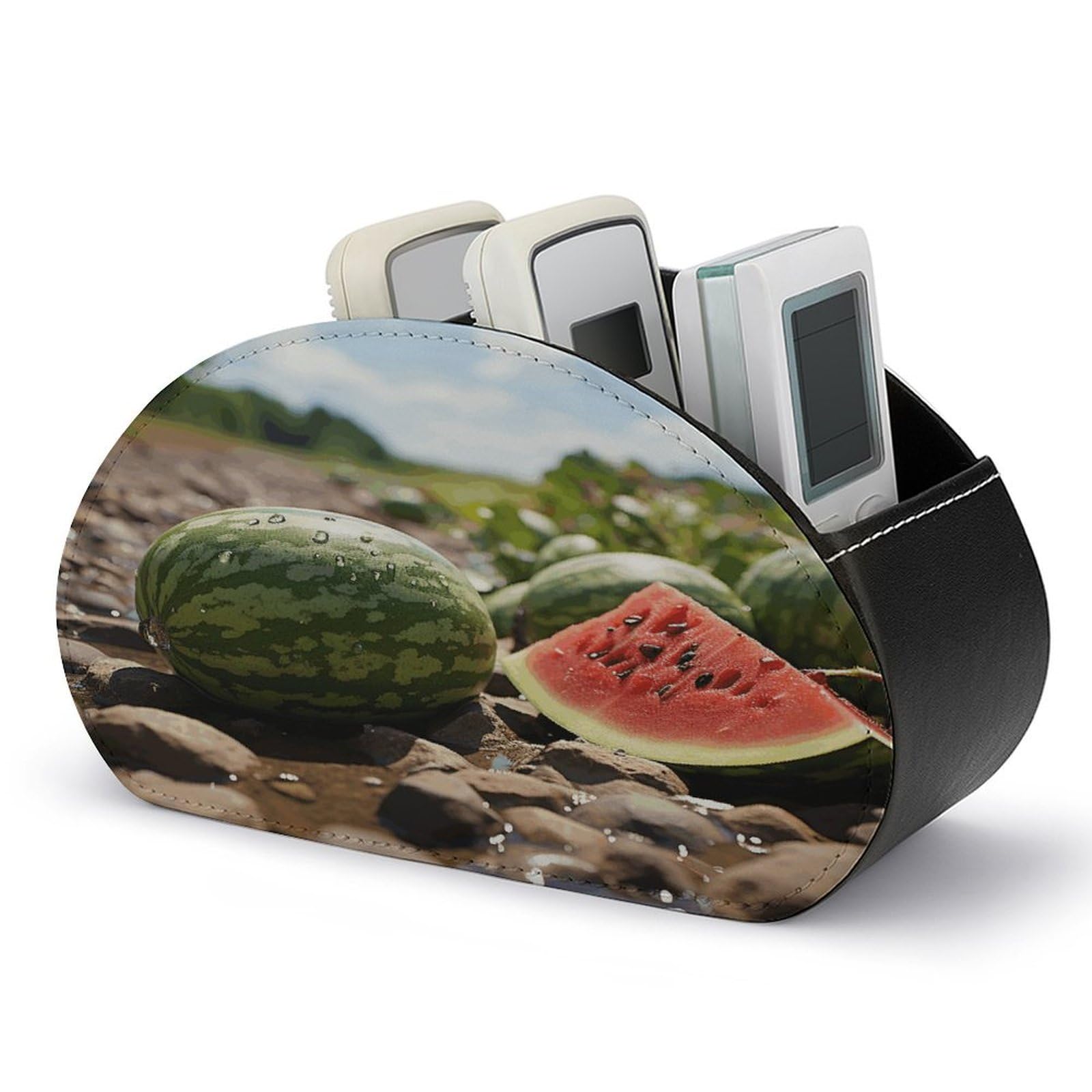 VstaDank Watermelon on the Ground Remote Control Holder with 5 Compartments TV Remote Caddy / Box PU Leather Multifunction Office Desk Storage Box Bedside Table Desk Storage Organizer