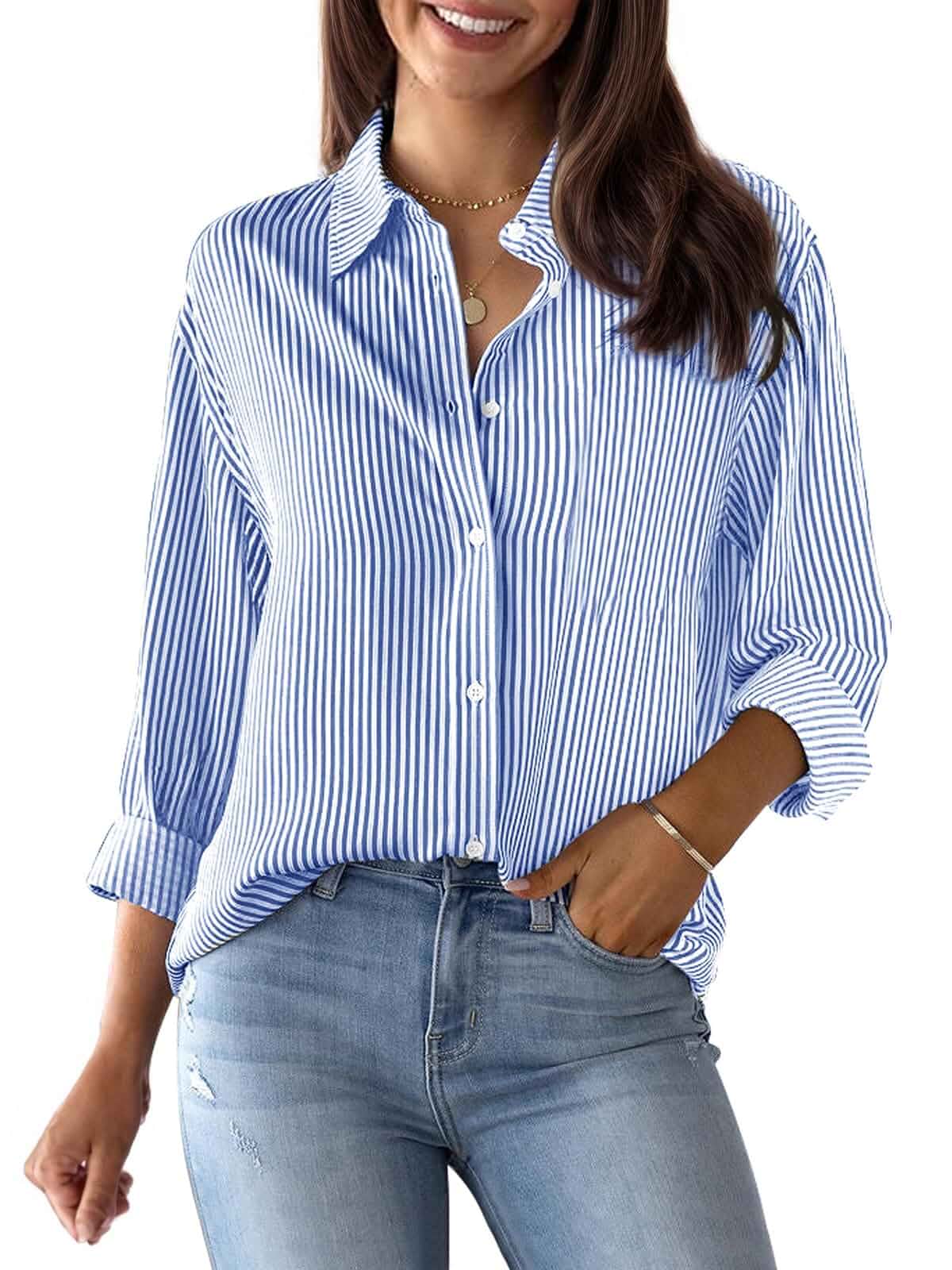 siliteelon Striped Button Down Shirts Women Cotton Long Sleeve Work Blouses Dress Shirts for Women Business Casual, Collared Wrinkle Free Dressy Casual Blouses, Professional Office Formal Outfits