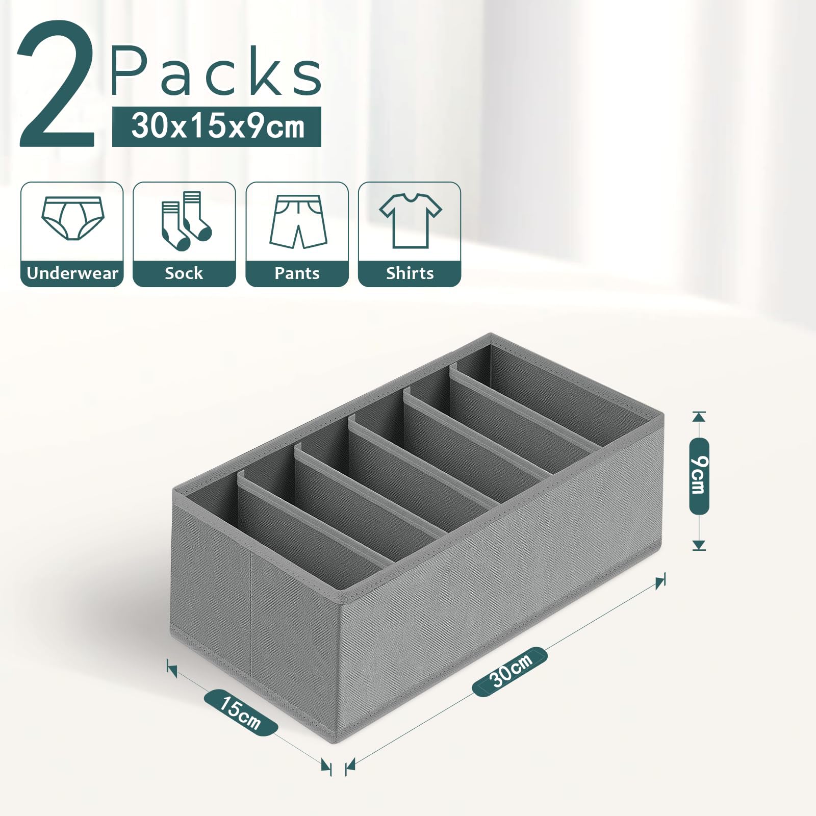 Homsorout Organizer do szuflad, szafa na ubrania – zestaw 2 organizerów do szafy, materiał 30 x 15 x 9 cm, organizer na bieliznę, skarpetki, ubrania dla niemowląt, ciemnoszary