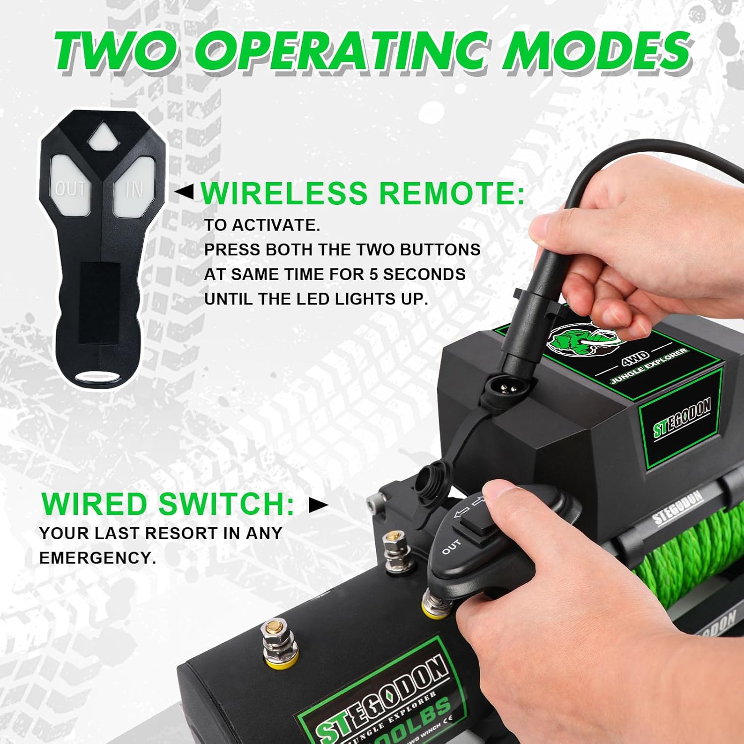 Winch 9500lb Winch 12V Waterproof Electric Winch Synthetic Rope Winch with Wireless Remote and Corded Control for Truck SUV Jeep Wrangle (Green Rope)