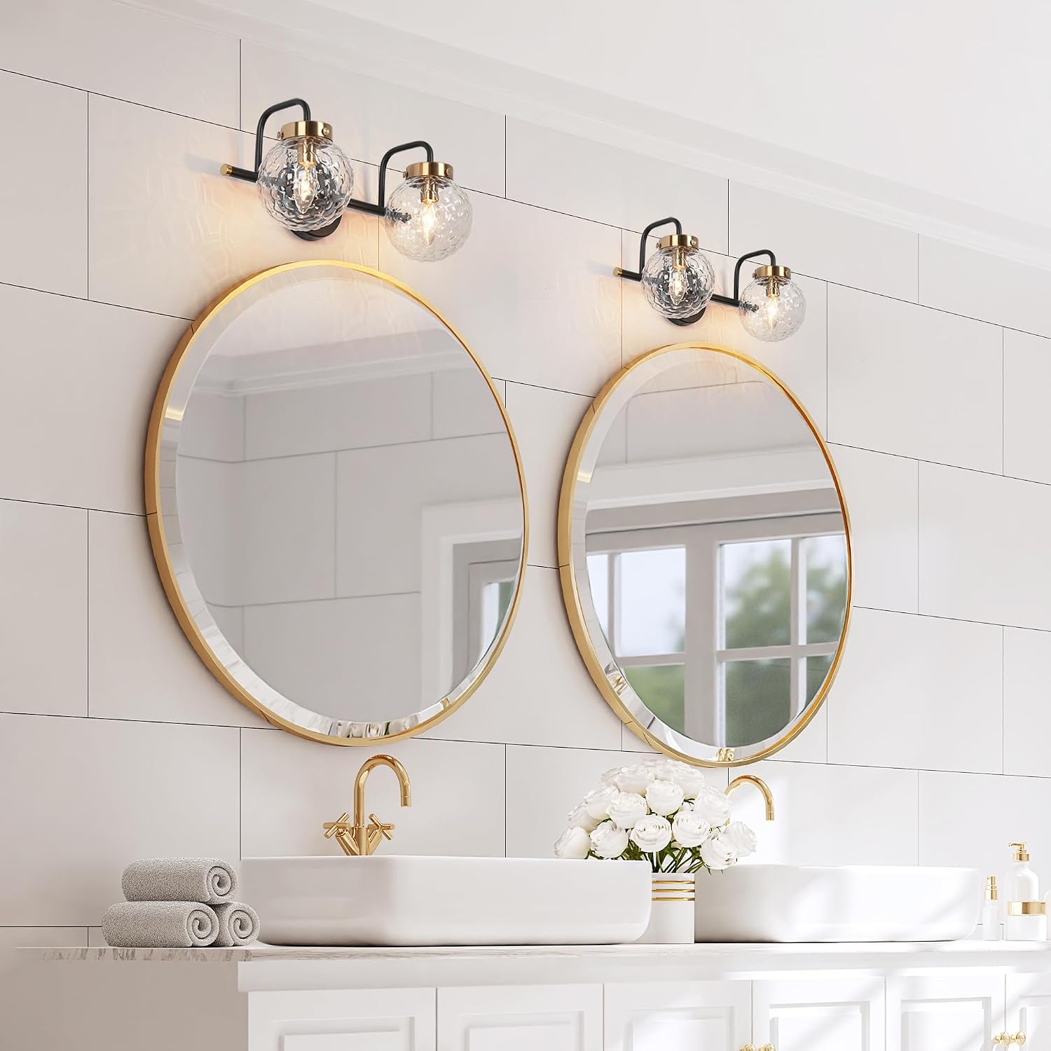 KSANA 2-Light Bathroom Vanity Light, Black Wall Sconce with Textured Glass Globe Shades & Electroplated Copper Finish, Modern Farmhouse Bathroom Light Fixture for Mirror, Powder Room, Hallway