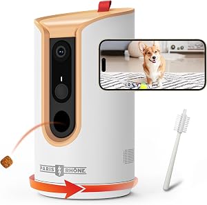 PARIS RHÔNE 2K Pet Camera, 360°View Dog Camera Treat Dispenser, 5G WiFi Pets Monitoring with Phone APP, Two-Way Audio, Infrared Night Vision, Barking Detection and Motion Alerts, Works with Alexa